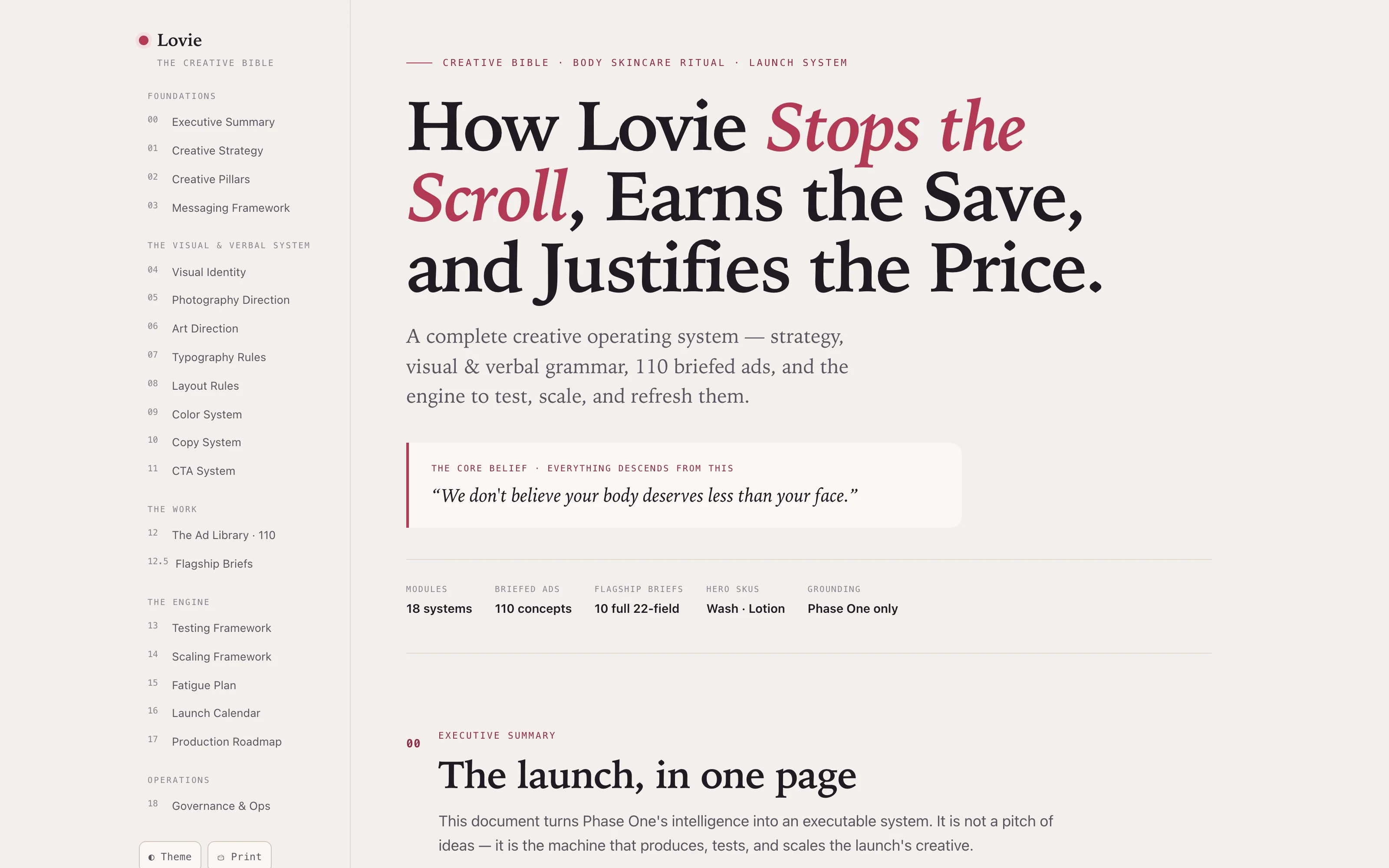 The Lovie creative bible open at its contents and campaign thesis.