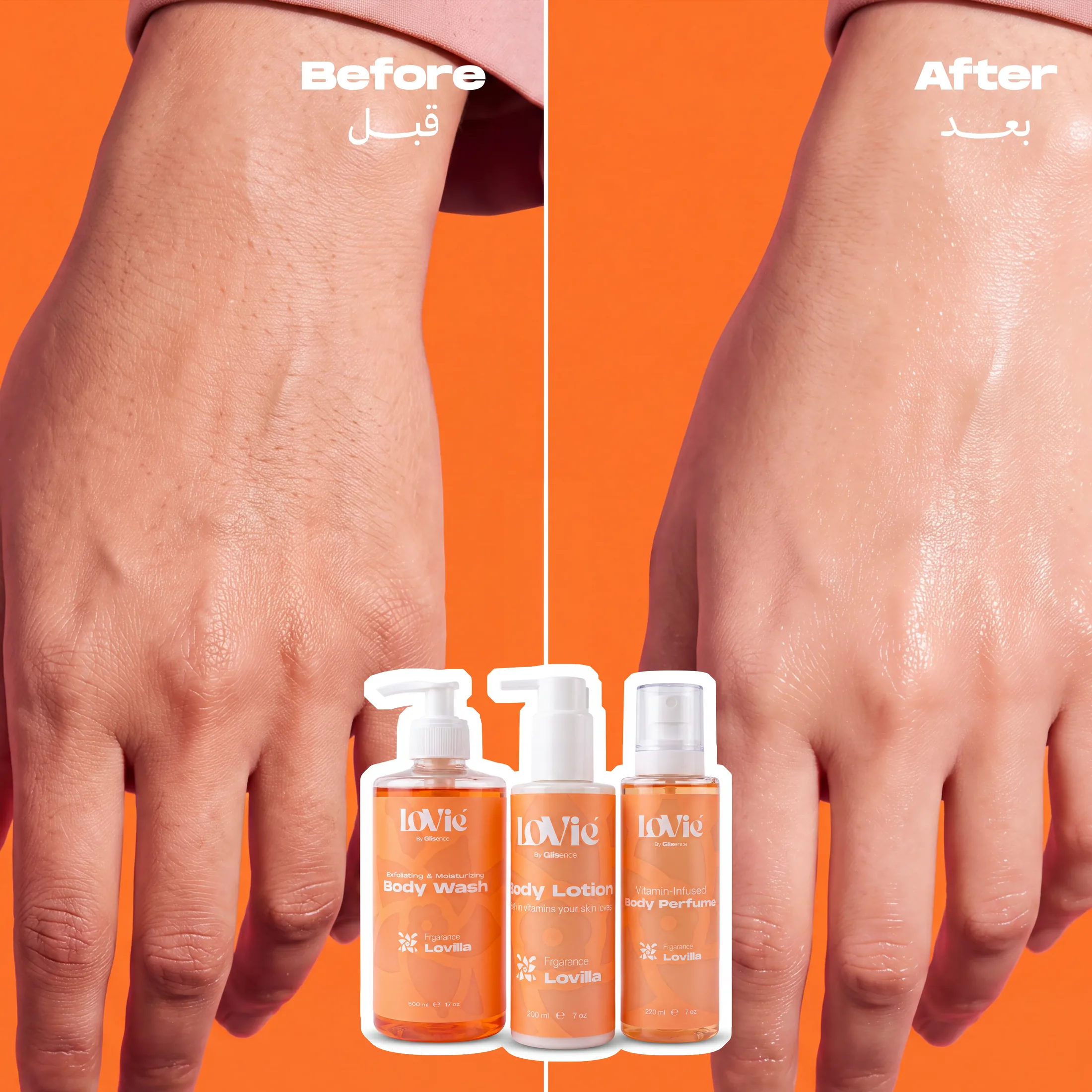 Square before-and-after static in orange: two hands shown dry then smooth, the Lovilla trio in front.