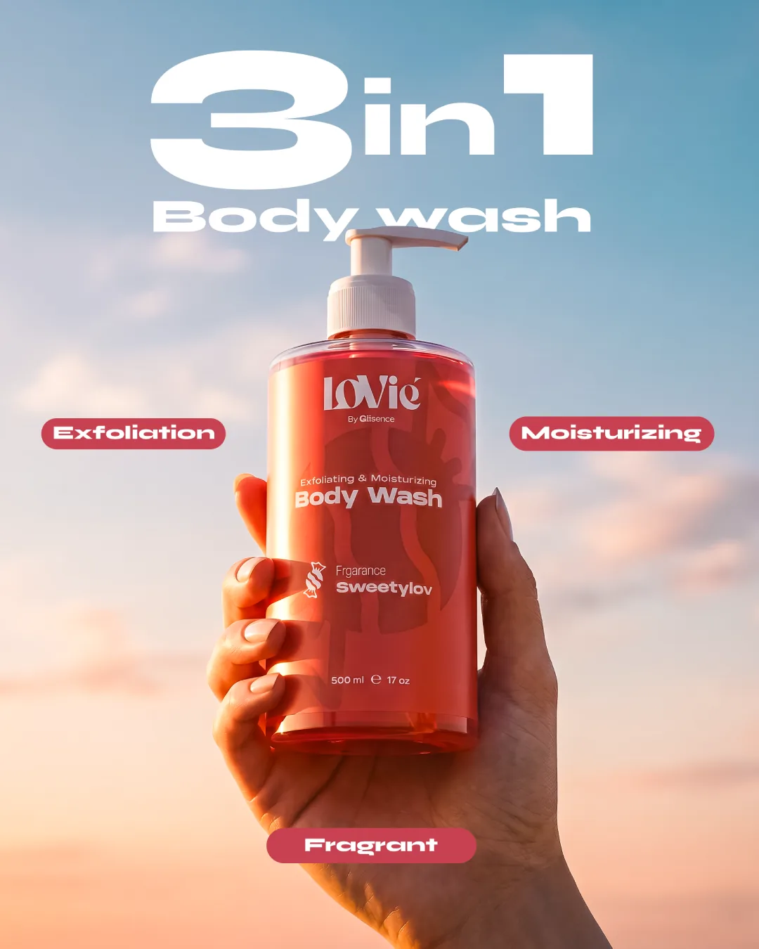 Portrait static: a hand holding the red Sweetylov body wash against a sunset sky, headlined 3 in 1 body wash.