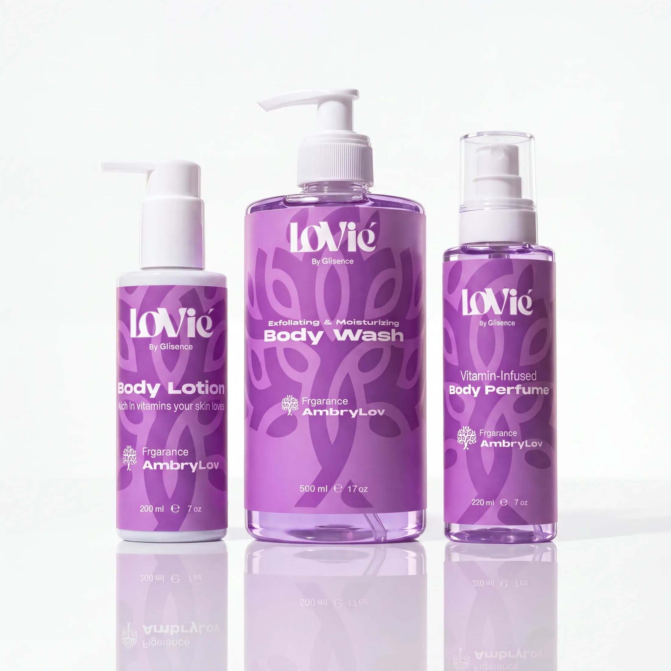 The violet AmbryLov body lotion, body wash and body perfume standing together on a white ground.