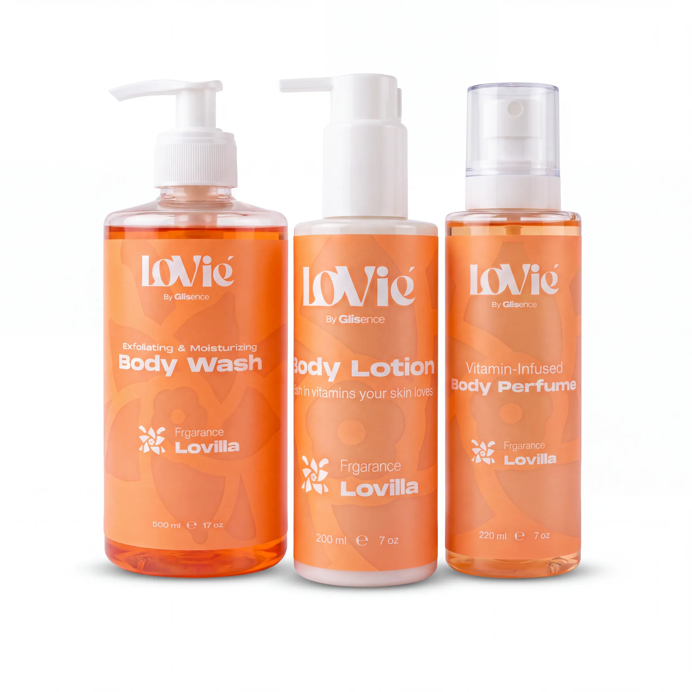 The orange Lovilla body wash, body lotion and body perfume standing together on a white ground.