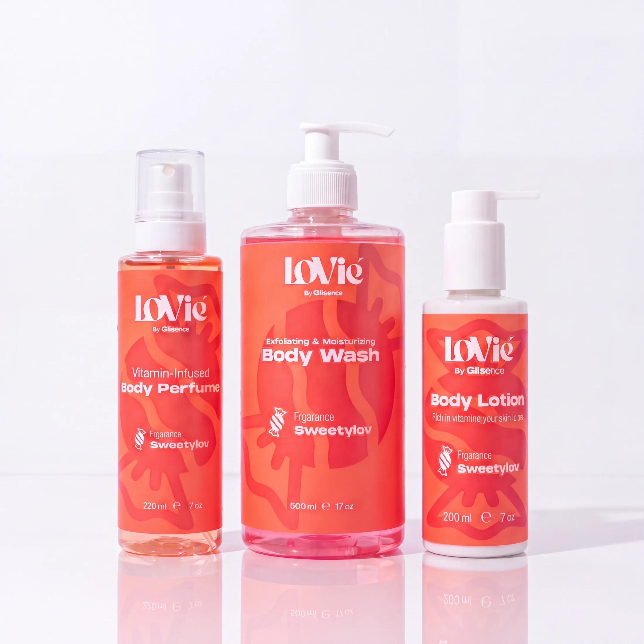 The red Sweetylov body perfume, body wash and body lotion standing together on a white ground.