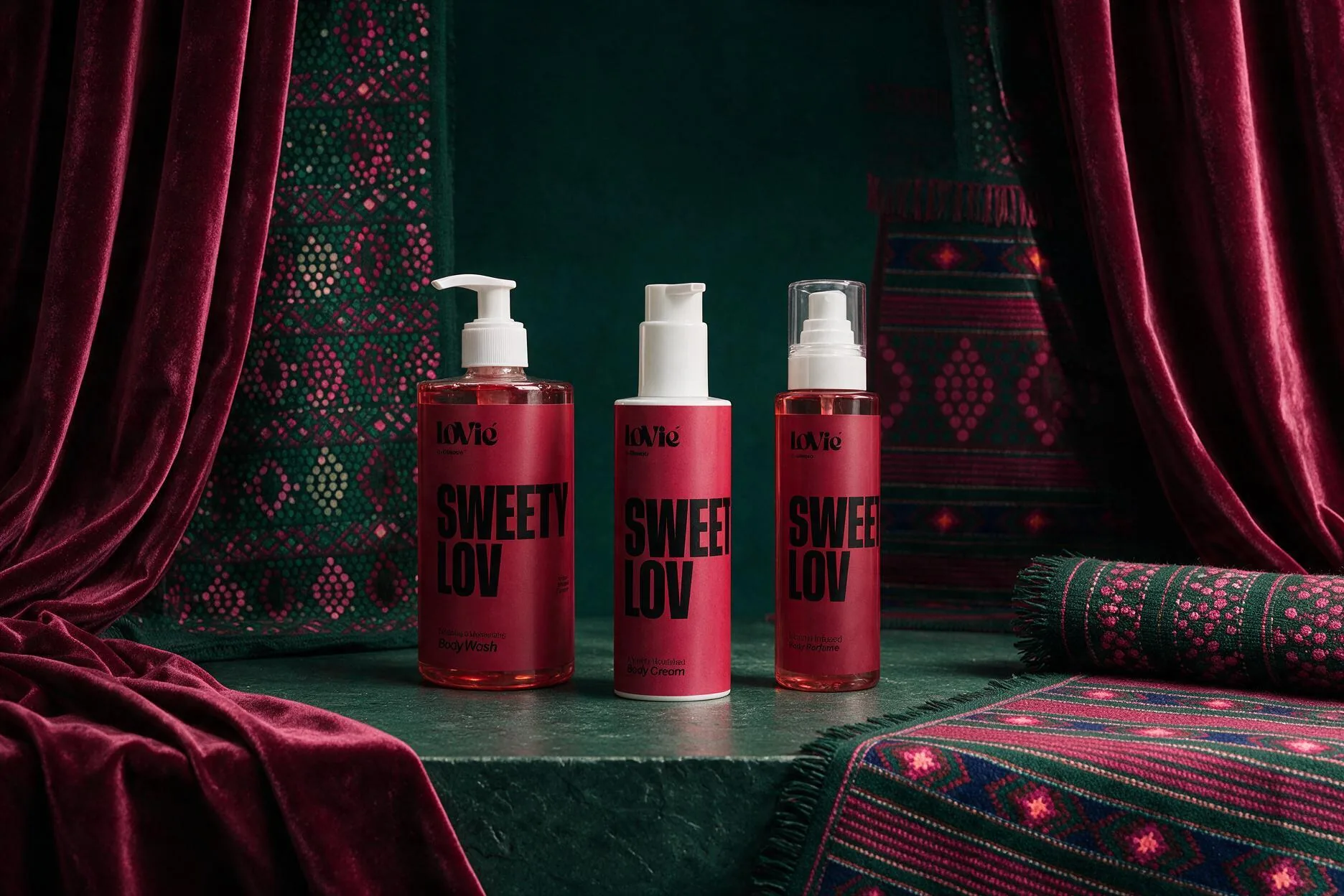 The red SweetyLov trio standing on a green plinth before deep crimson velvet curtains, a sadu runner at its foot.