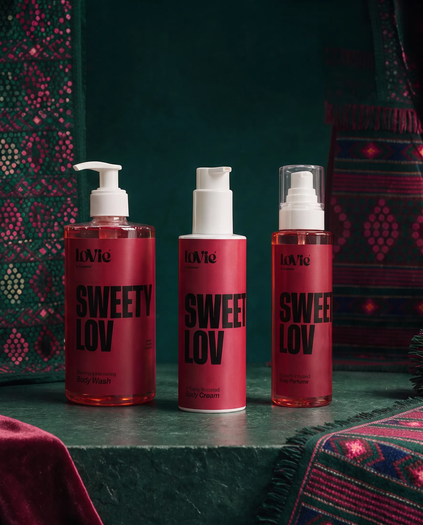 The red SweetyLov trio standing on a dark green velvet plinth against a wall of sadu textiles.