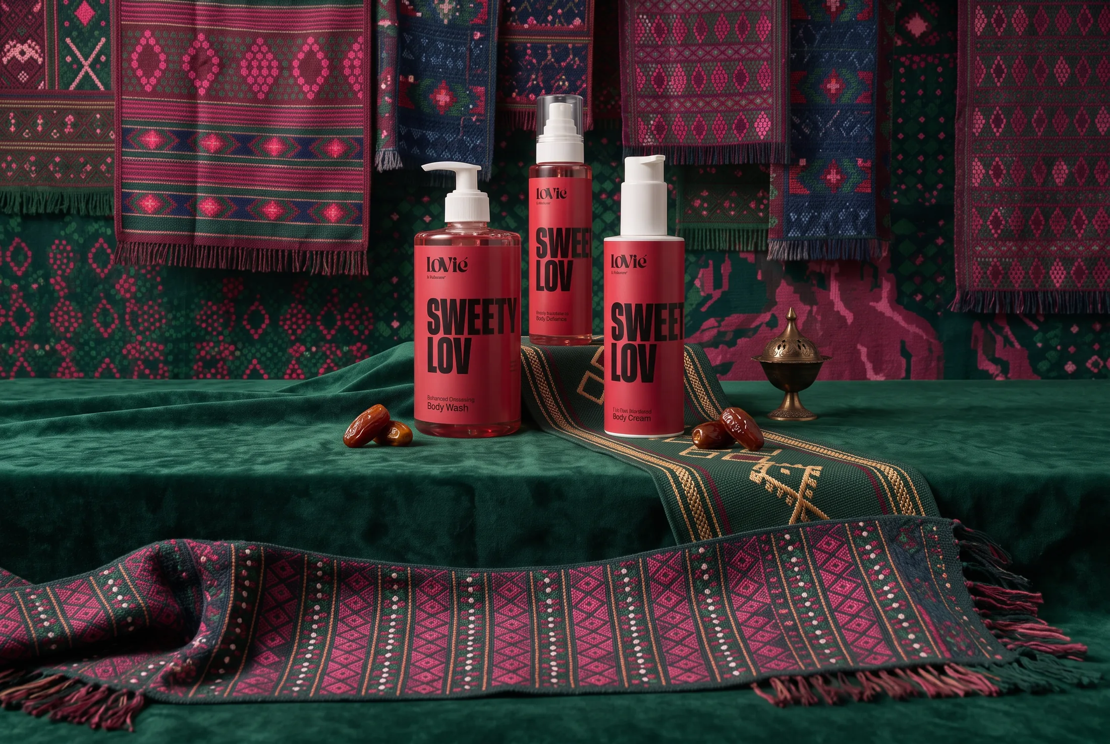 Three red SweetyLov bottles on a green velvet plinth draped with a pink sadu-pattern runner, dates and a small brass burner beside them.