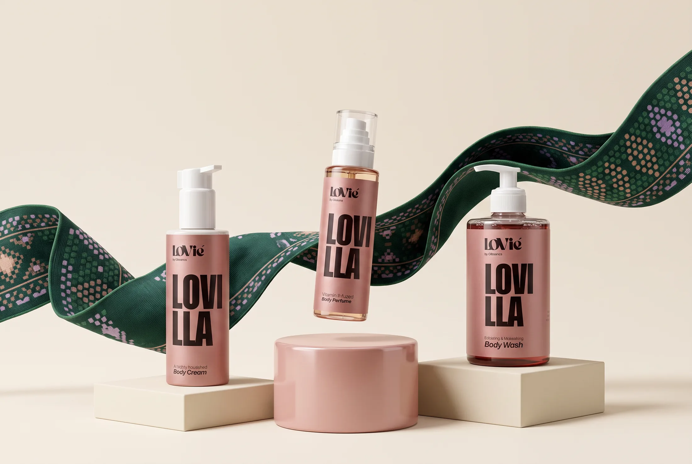 The pink Lovilla trio on stone pedestals, a green sadu ribbon weaving between the bottles against a cream ground.