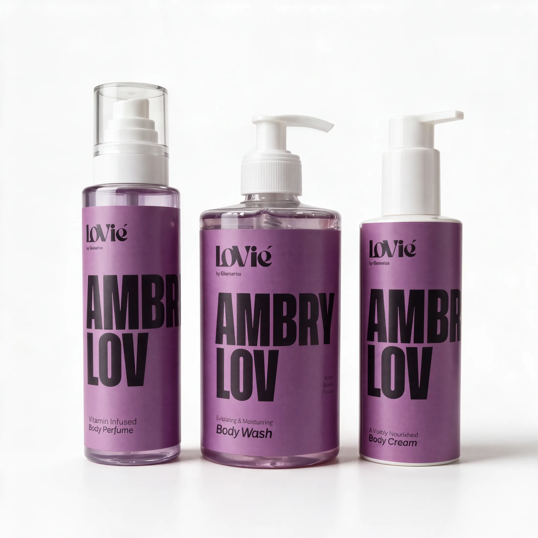 The violet AmbryLov line — body wash, body cream and body perfume — standing together on a white studio ground.
