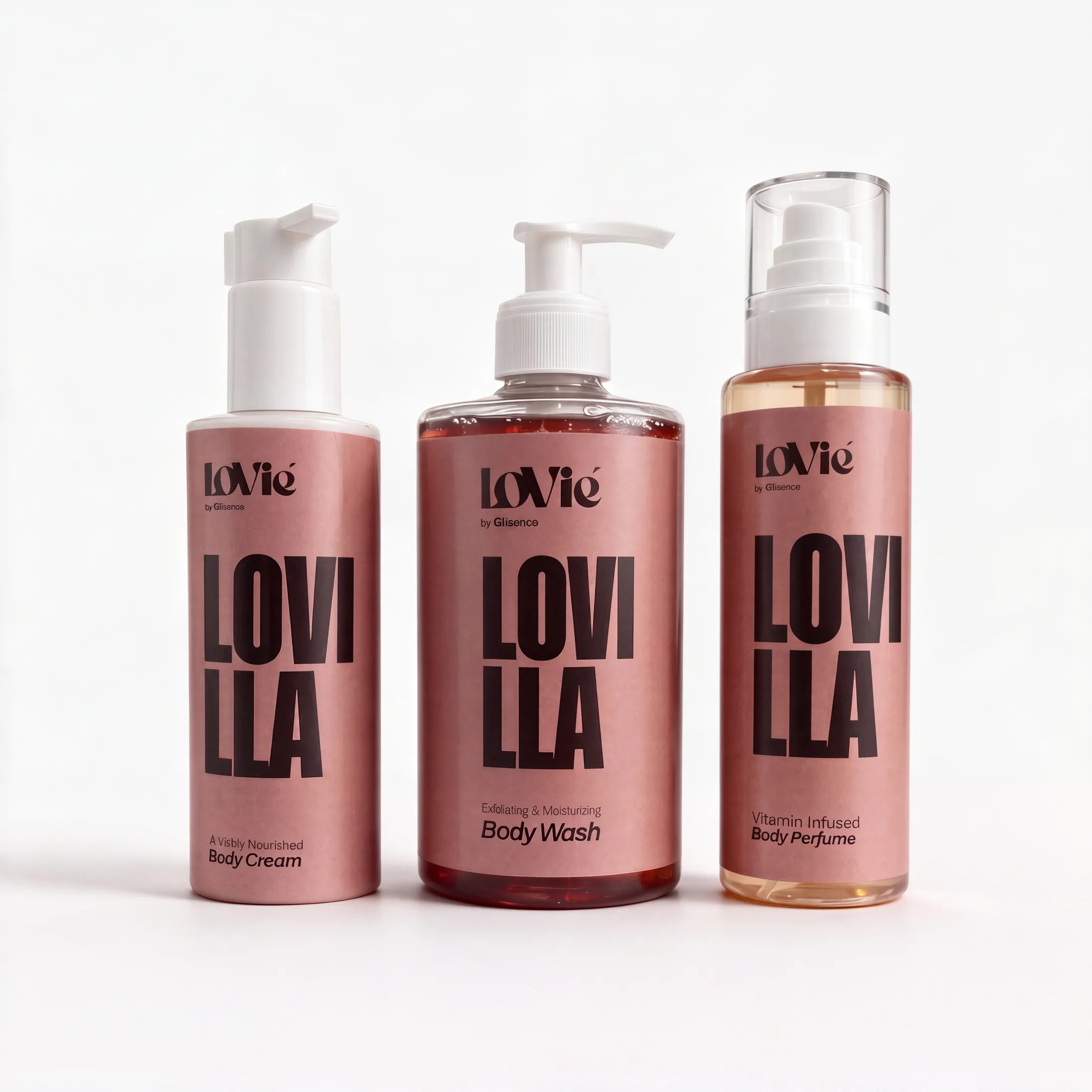 The pink Lovilla line — body cream, body wash and body perfume — standing together on a white studio ground.