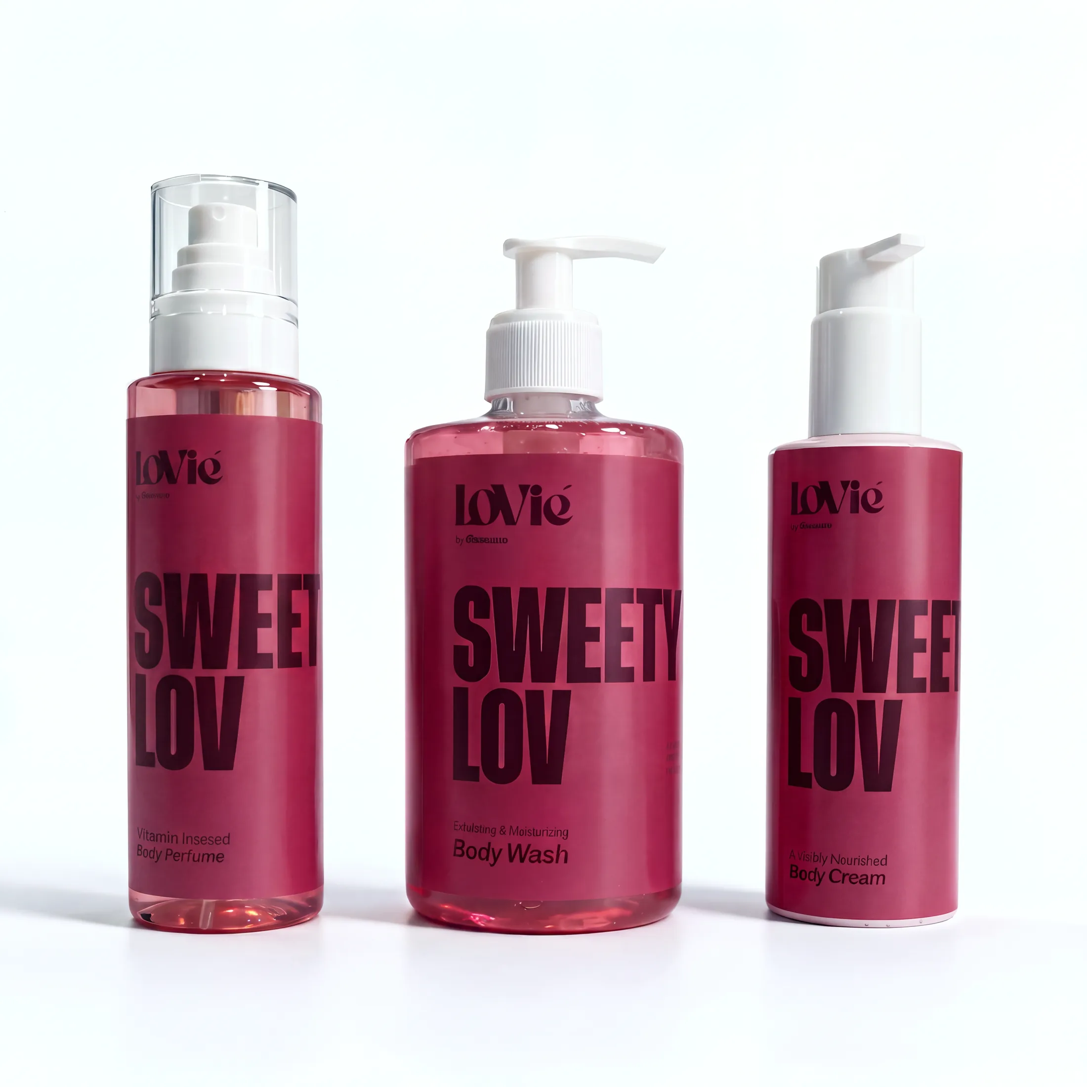 The red SweetyLov line — body wash, body cream and body perfume — standing together on a white studio ground.