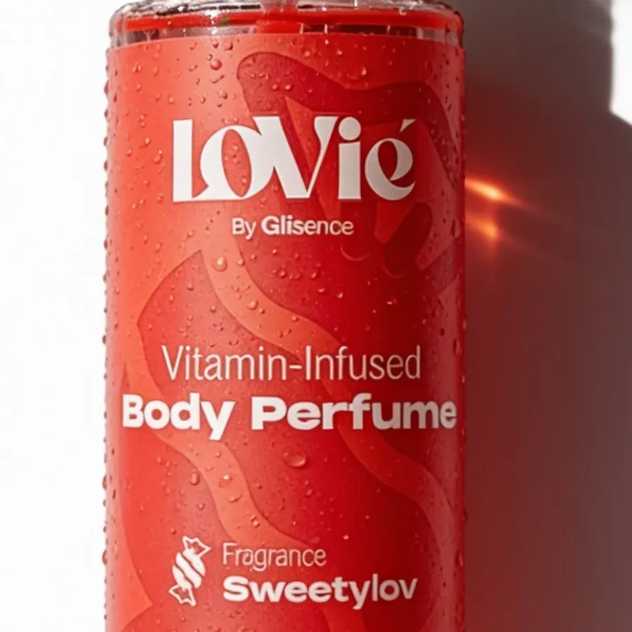 Close crop of the Lovie wordmark on the red body perfume label, covered in water droplets.