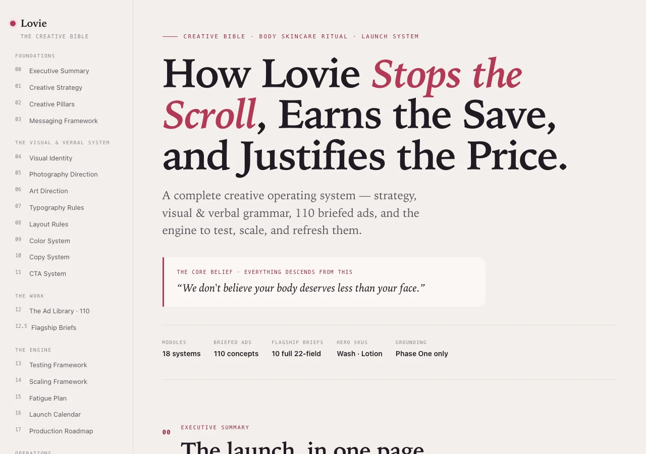 Opening screen of the Lovie creative bible: an eighteen-section contents sidebar and the campaign thesis.