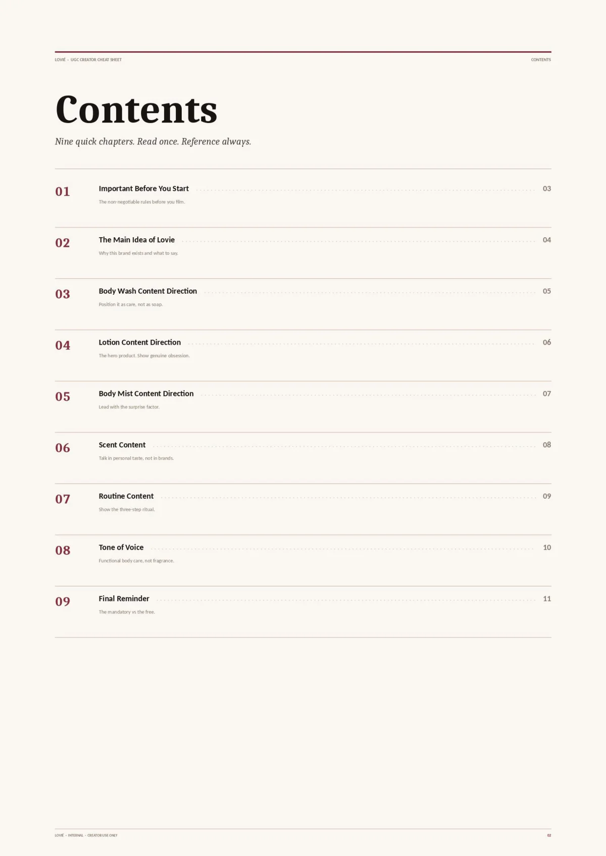 Contents page of the Lovie creator cheat sheet document.