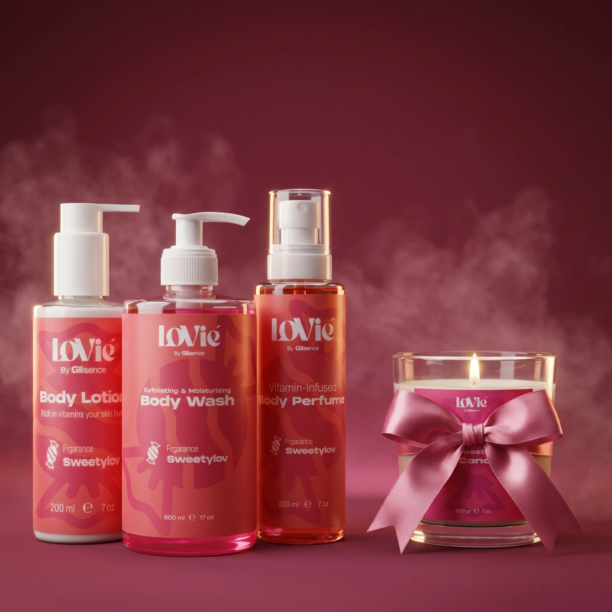 The scarlet Lovie gift set — wash, lotion, perfume and a ribboned candle in steam.