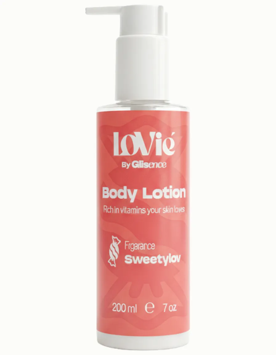 Ecommerce catalogue photograph: the red Sweetylov body lotion on a white ground.