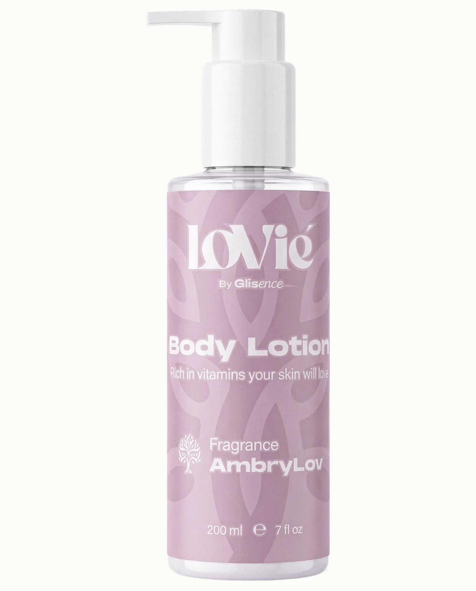 Ecommerce catalogue photograph: the violet Lovie body lotion on a white ground.