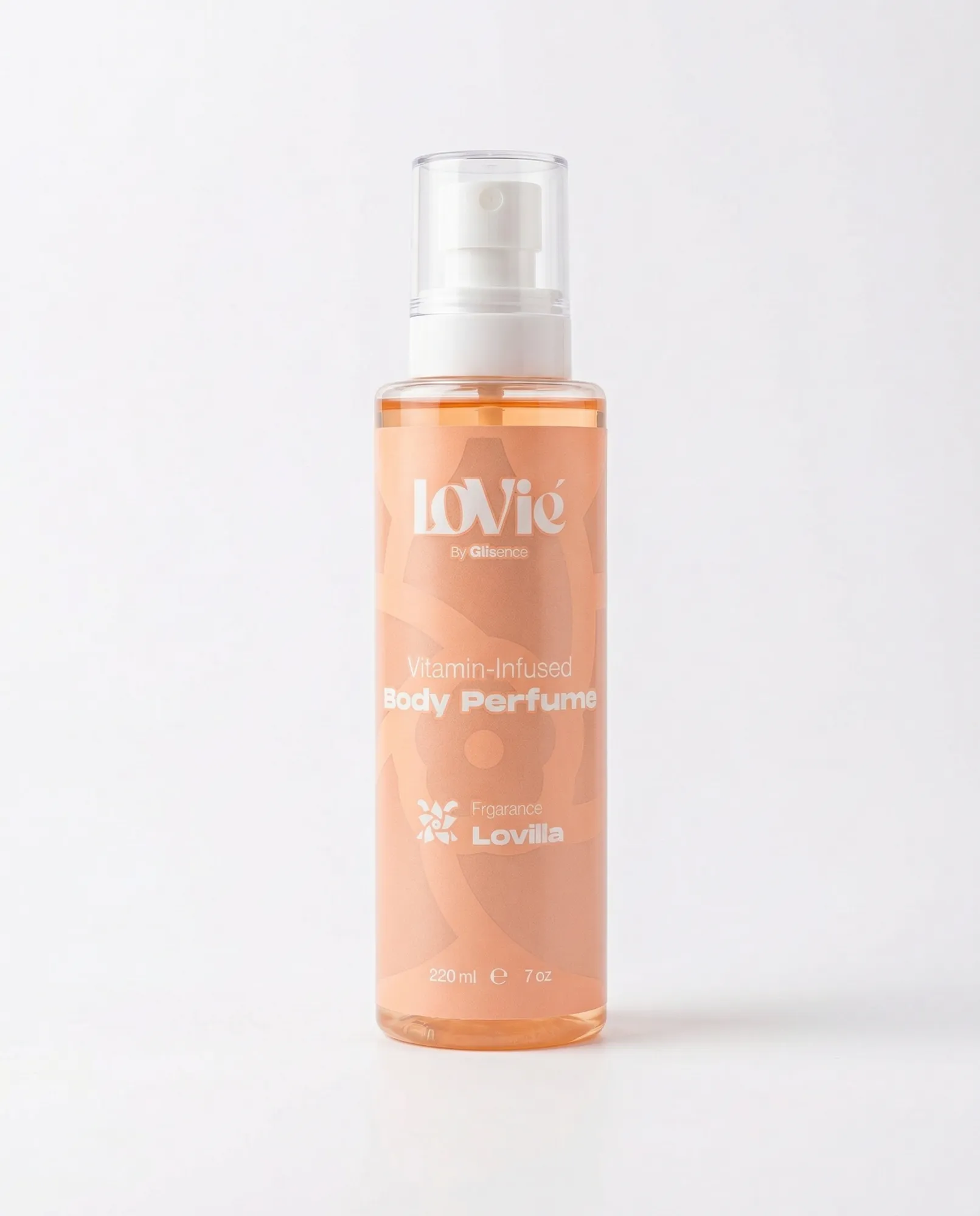 Ecommerce catalogue photograph: the orange Lovilla body perfume mist on a white ground.