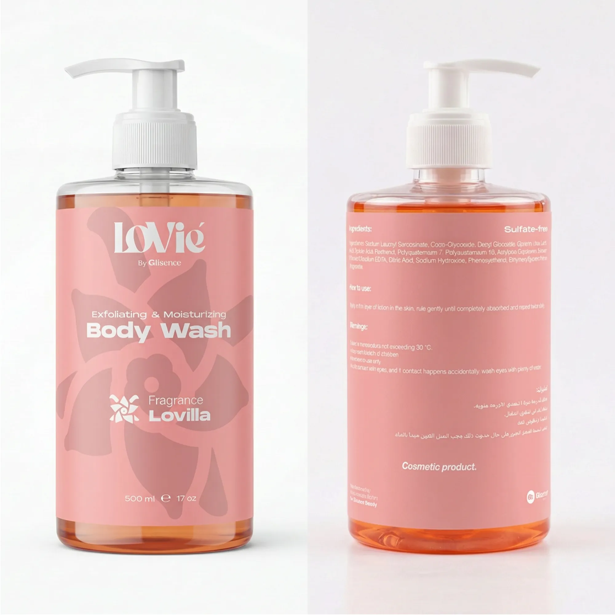 Ecommerce catalogue photograph: the Lovilla body wash shown front and back on a white ground.
