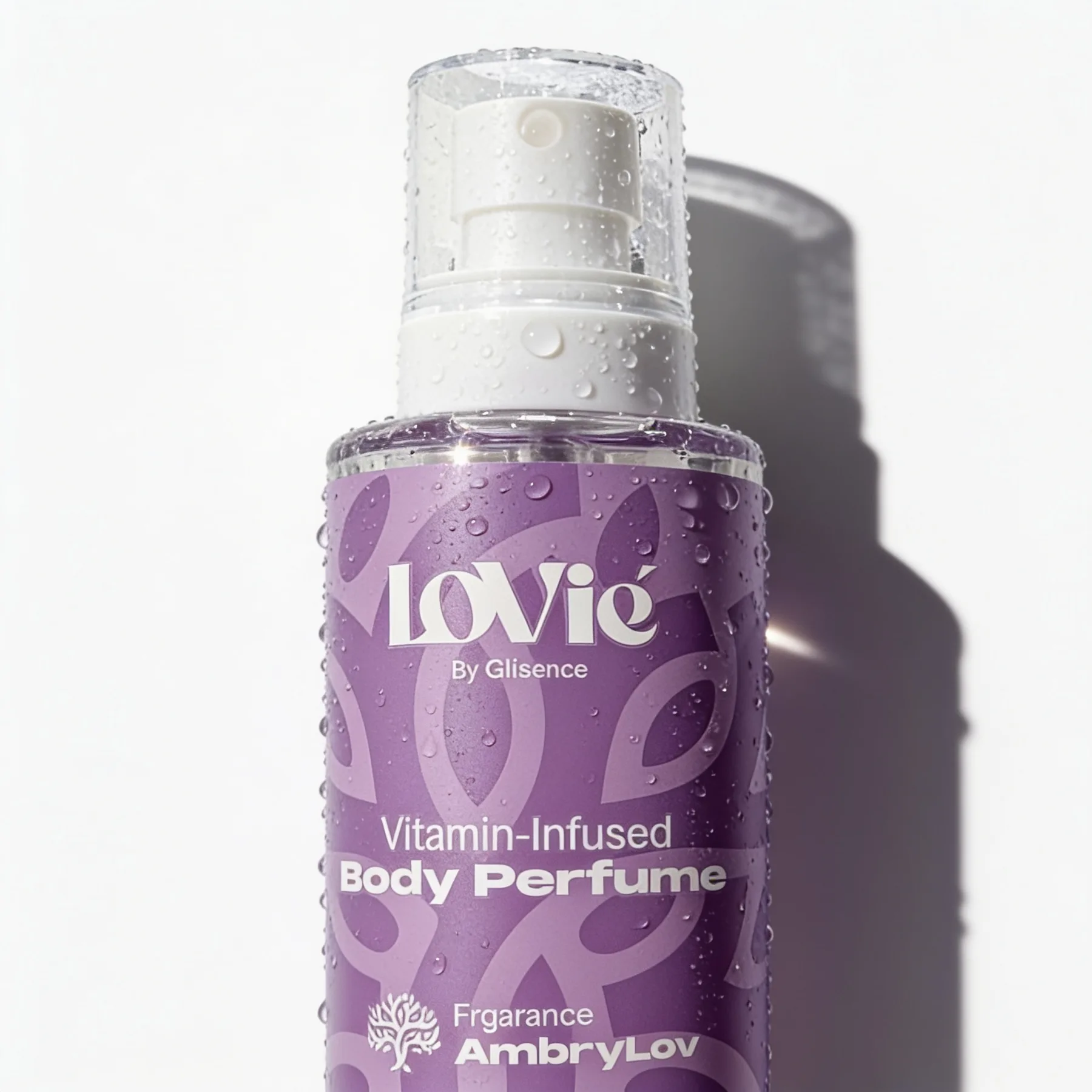 The violet Lovie body perfume covered in water droplets, lying at an angle in hard light.