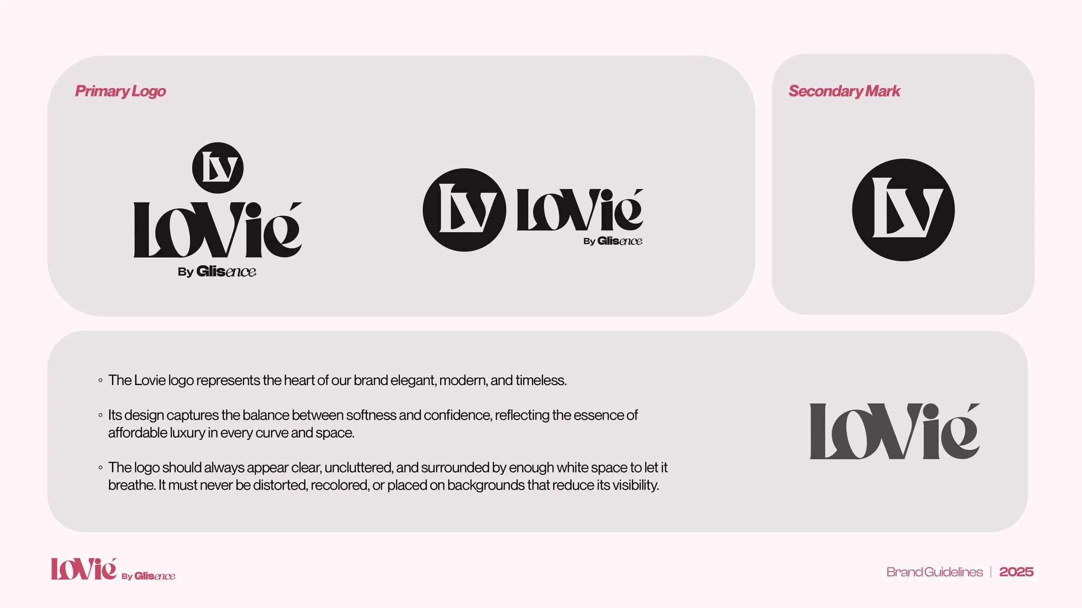 Spread from the Lovie brand guidelines: the logo system — primary lockup, secondary mark, and the reasoning beside them.