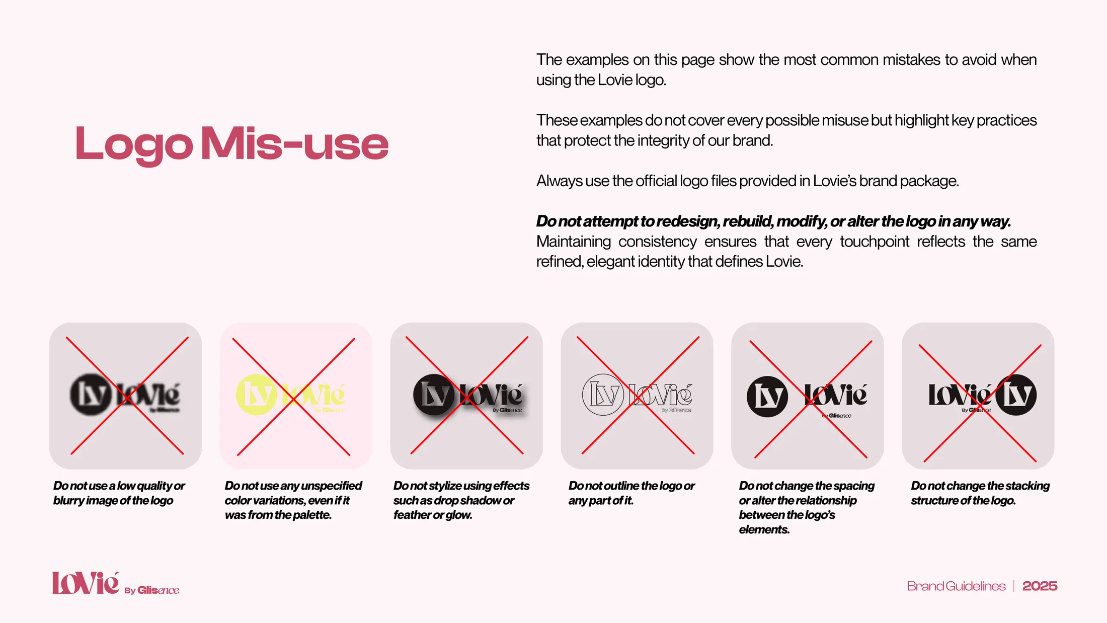 Spread from the Lovie brand guidelines: the logo mis-use page, six crossed-out wrong treatments of the mark.