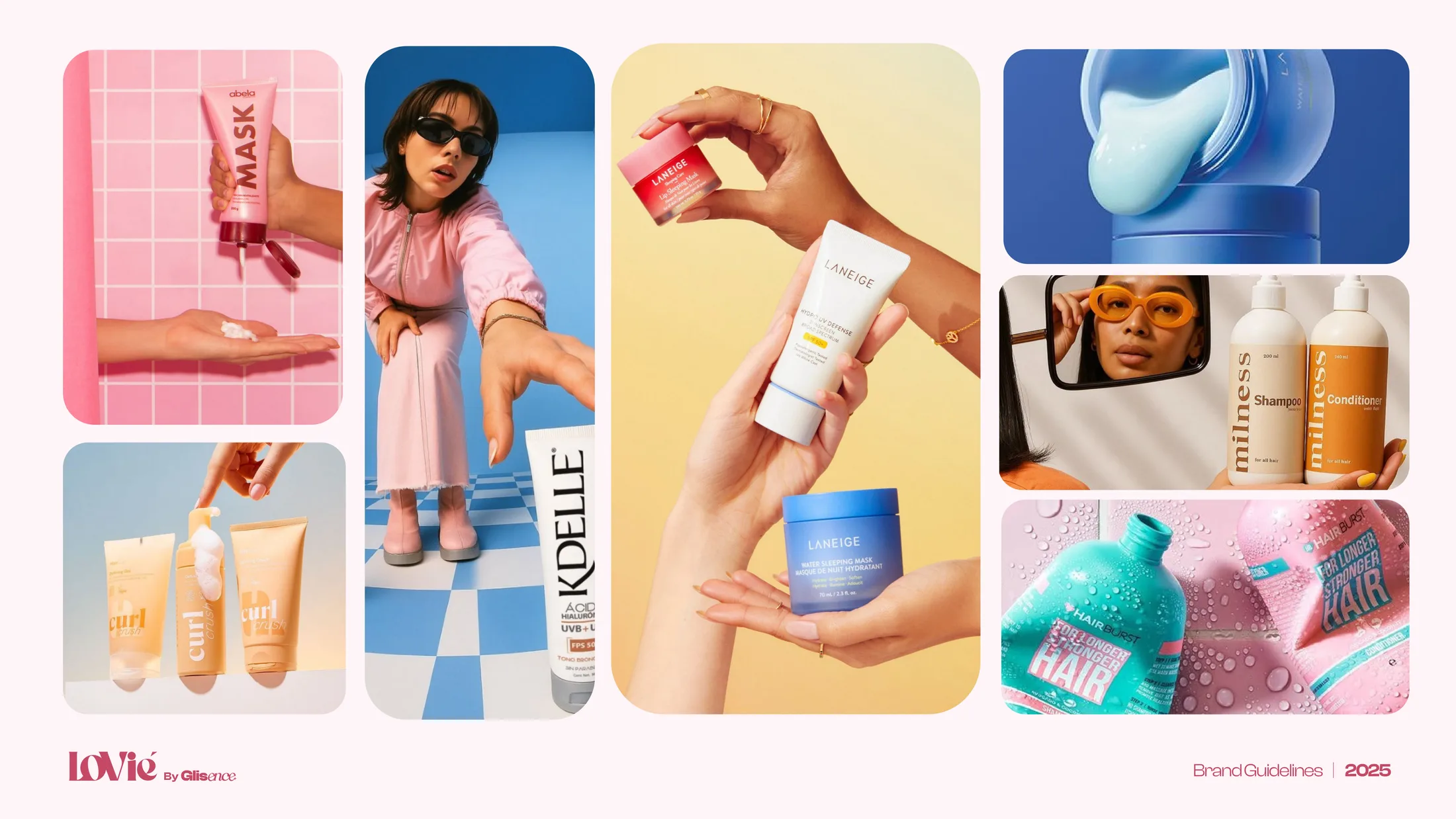 Spread from the Lovie brand guidelines: the photography style page, a grid of tonal reference frames.