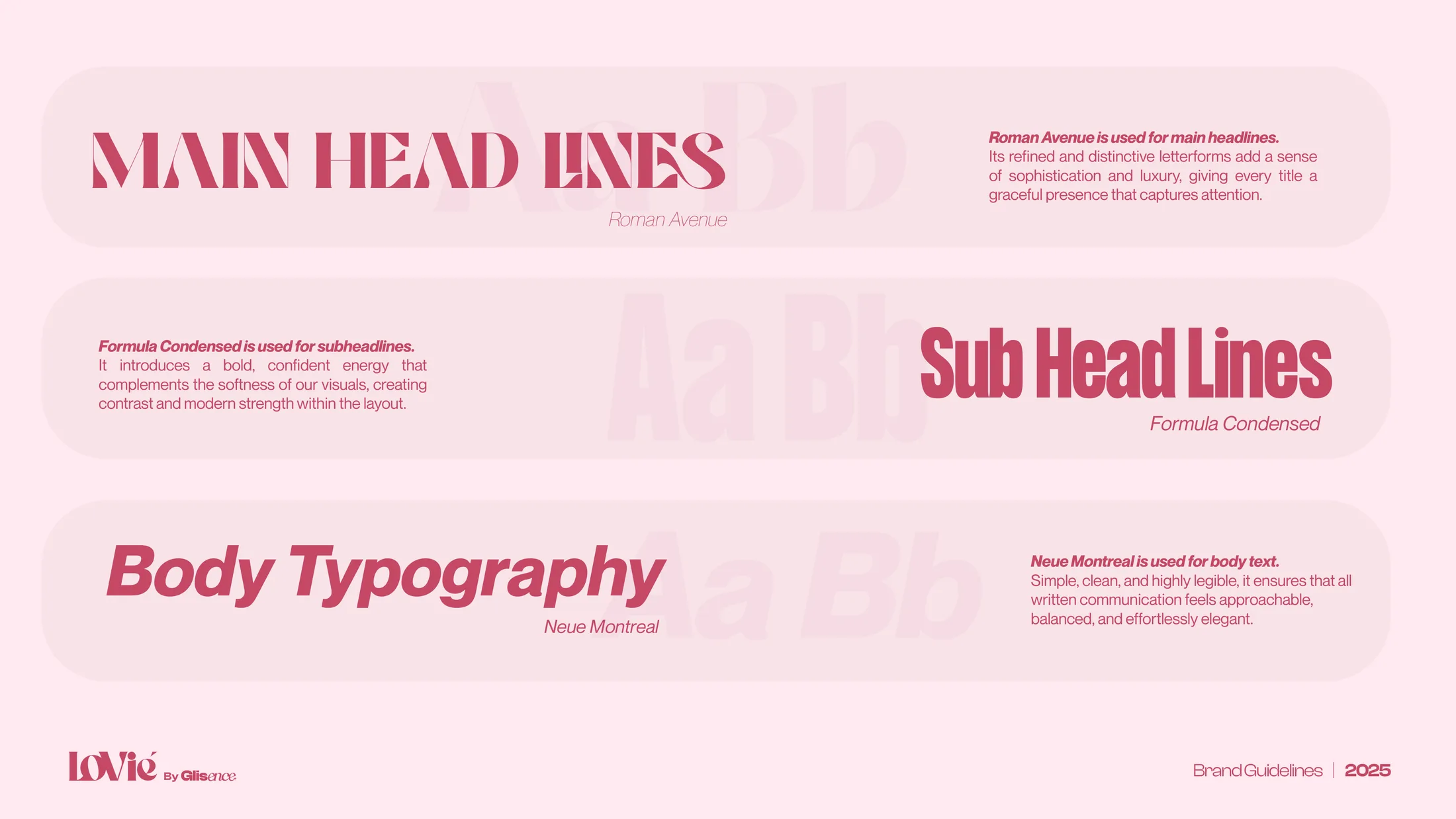 Spread from the Lovie brand guidelines: the typography system — main headlines, subheads and body, each with its face and rules.