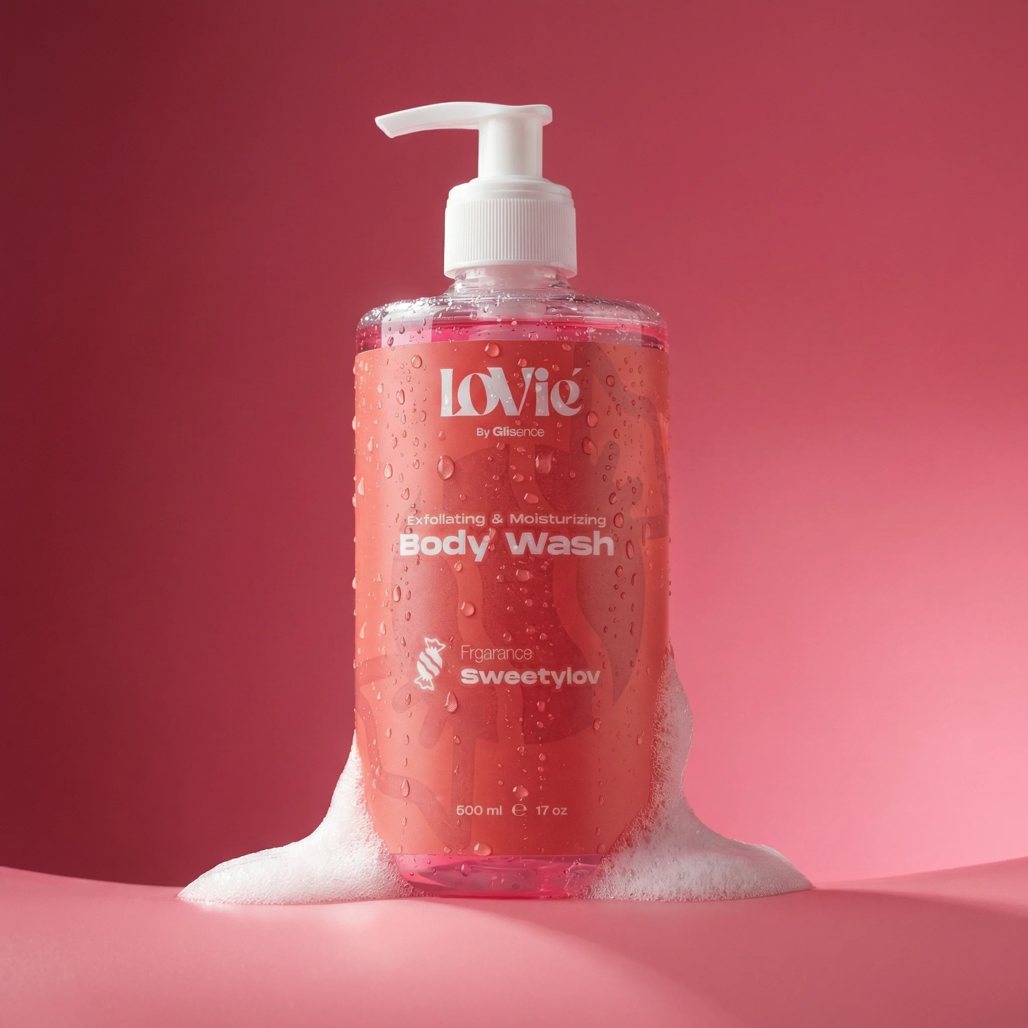 The scarlet Lovie body wash standing in foam against a deep pink ground.