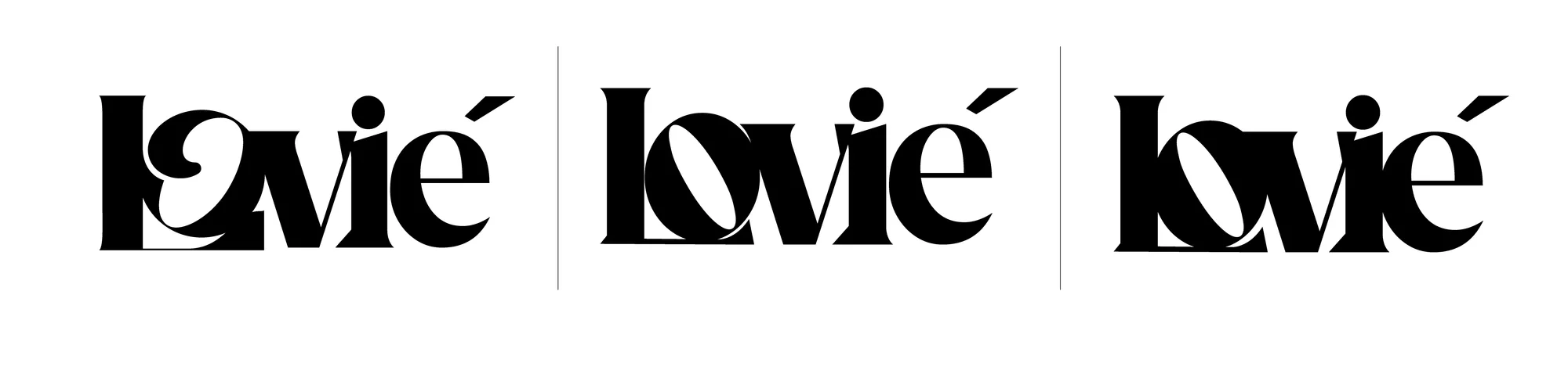 Three trial versions of the Lovie wordmark side by side, each with a different o/v ligature.