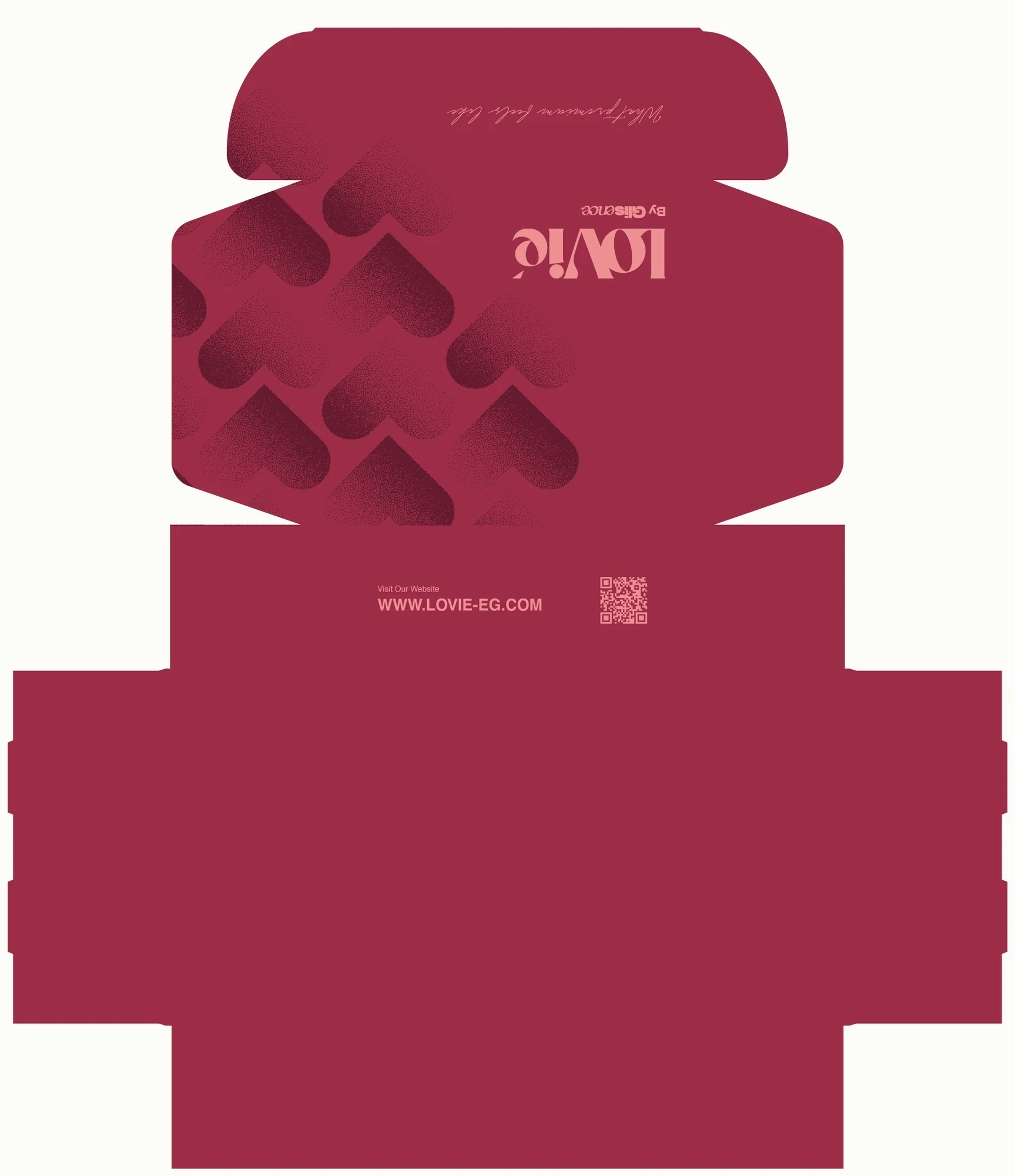 Flat artwork of the Lovie box outer: crimson with a tonal heart motif.