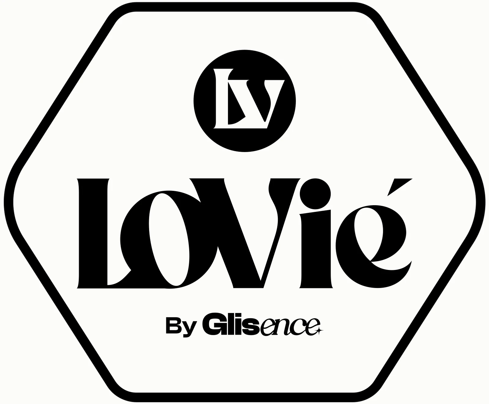 The emboss artwork drawn for the Lovie cap mold: a hexagonal badge holding the monogram and wordmark.