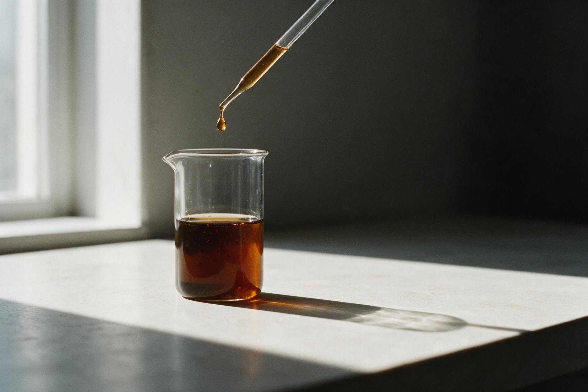 A glass pipette suspending one amber drop over a beaker in hard window light.