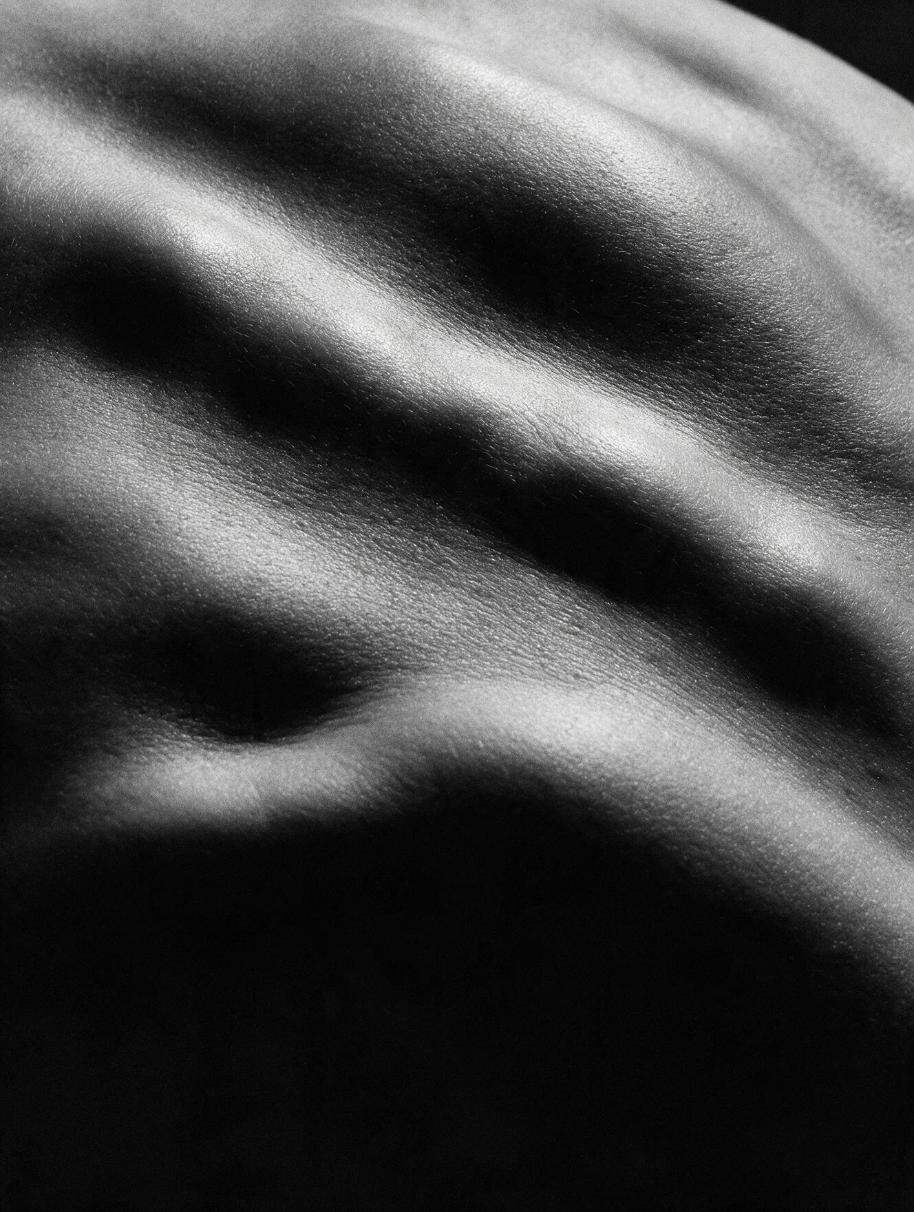 Extreme macro of skin in hard raking light, ridges bright, shadows falling to true black.