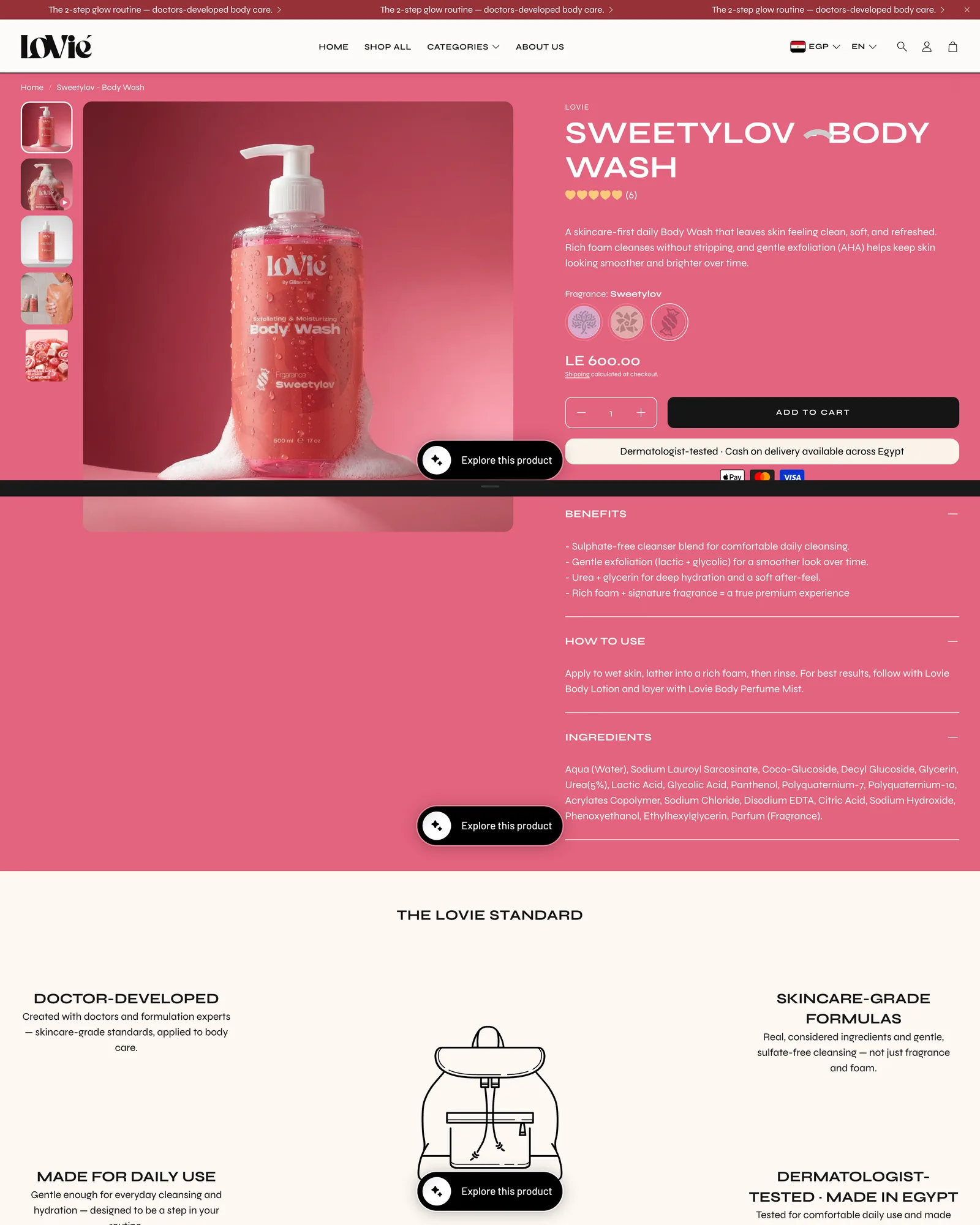 The live Lovie store: the Sweetylov body wash product page with benefits, ingredients and the Lovie standard section.