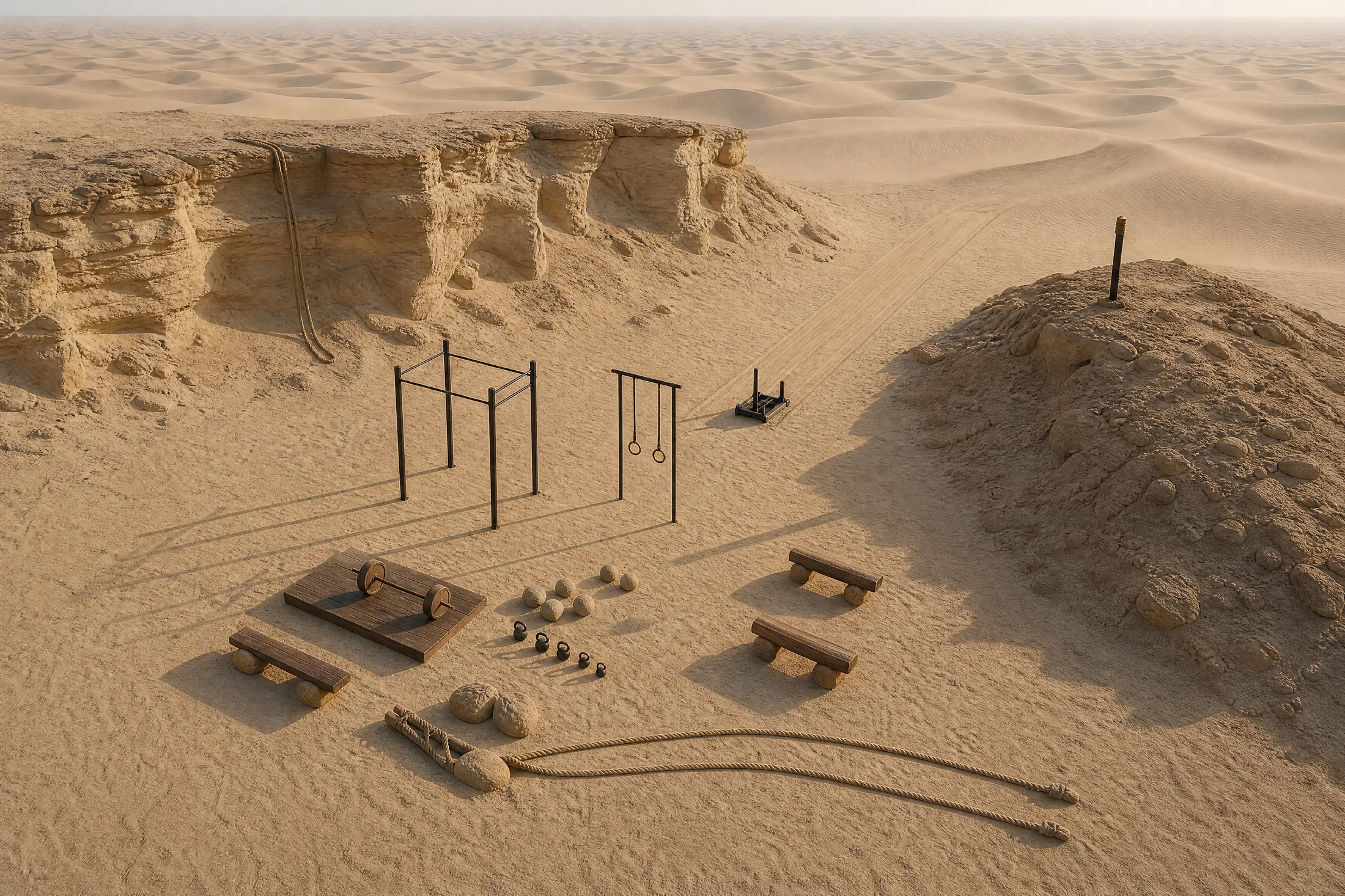 Aerial view of the desert training ground from eighty metres up: rig, rings, timber deck, benches, kettlebell line, sled lane and battle ropes laid out on pale sand, long morning shadows revealing each object.