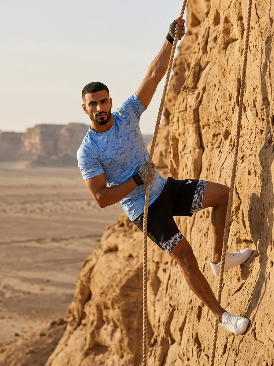 The athlete climbing a thick rope against the sandstone cliff face in the pale blue OQAB tee.