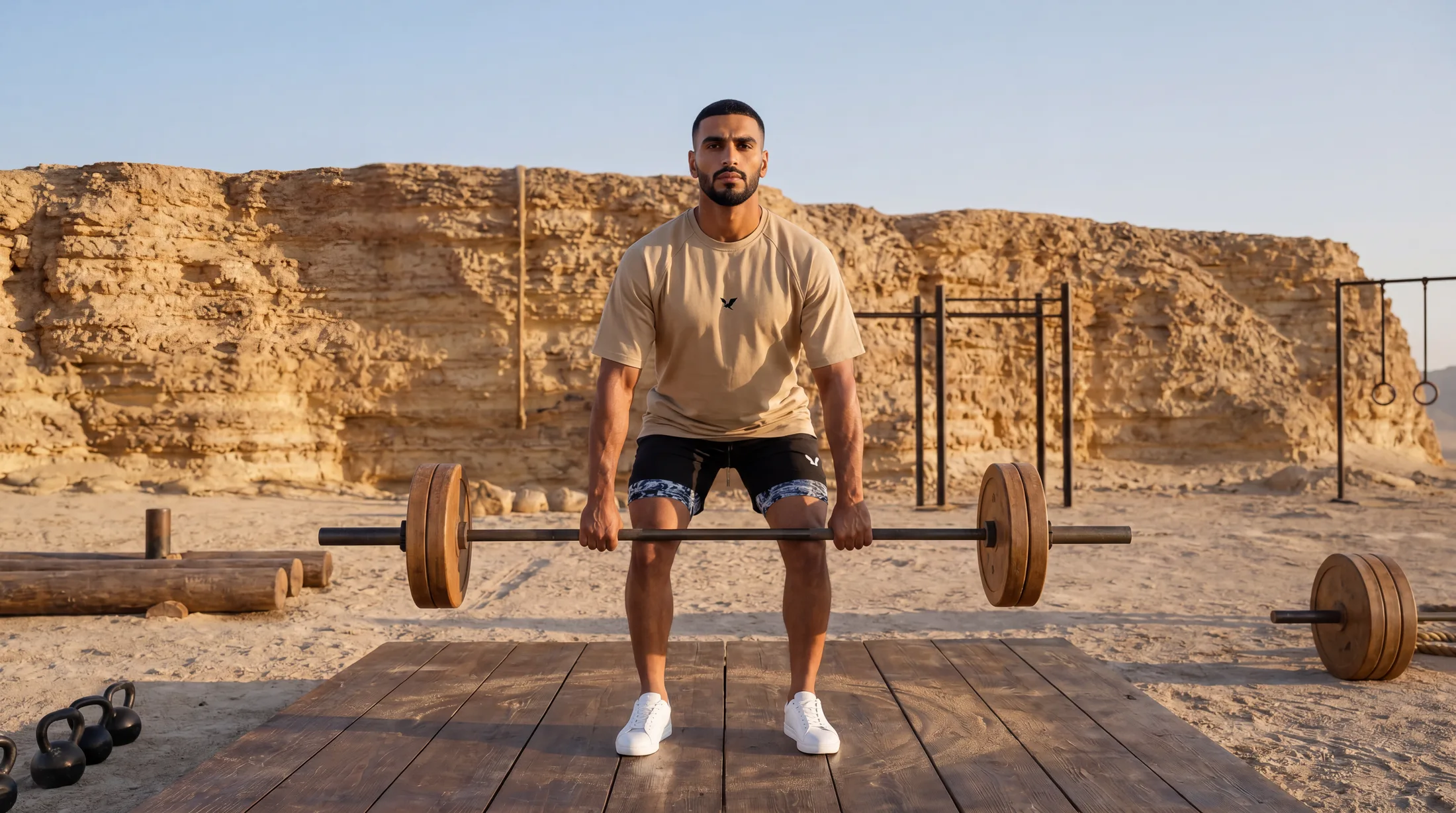 The campaign athlete deadlifting a handcrafted wooden barbell on a timber platform in the desert basin, hard morning light across the scene.