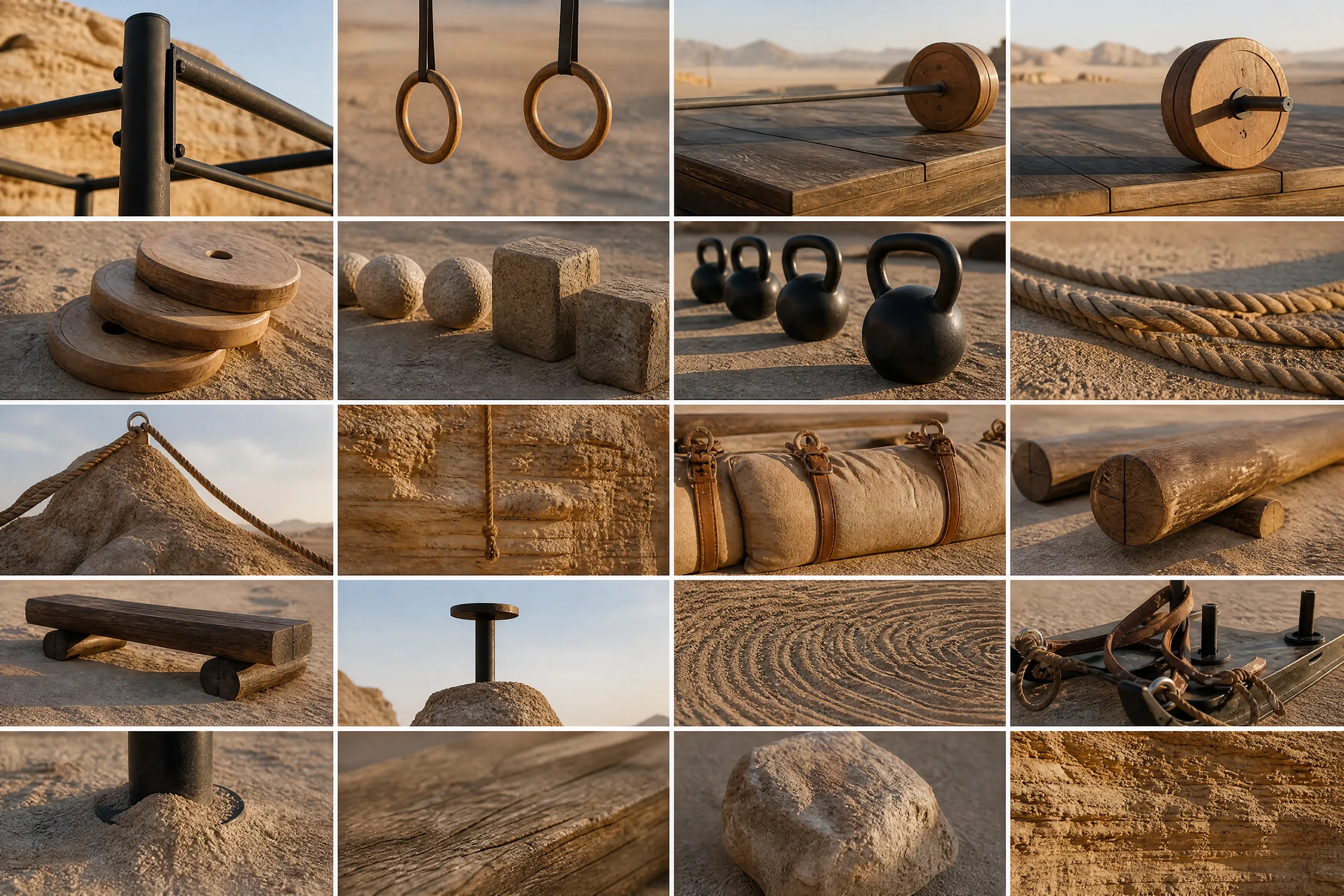 A grid of close-up frames of the training ground’s equipment: stone weights, kettlebells, timber, rope, sand.