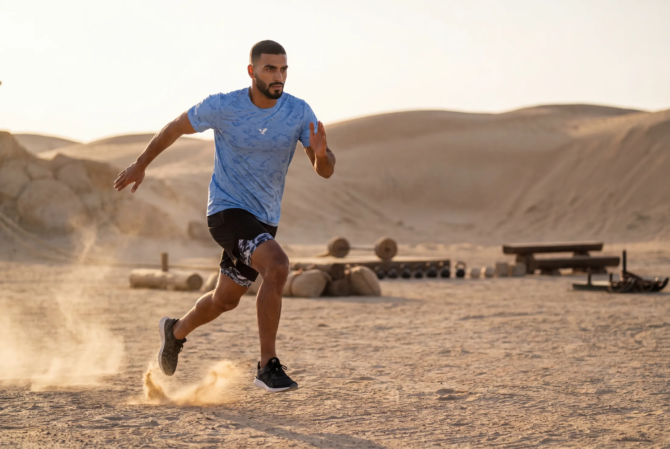 The athlete sprinting across open desert sand in the pale blue OQAB kit, dust trailing from his stride.