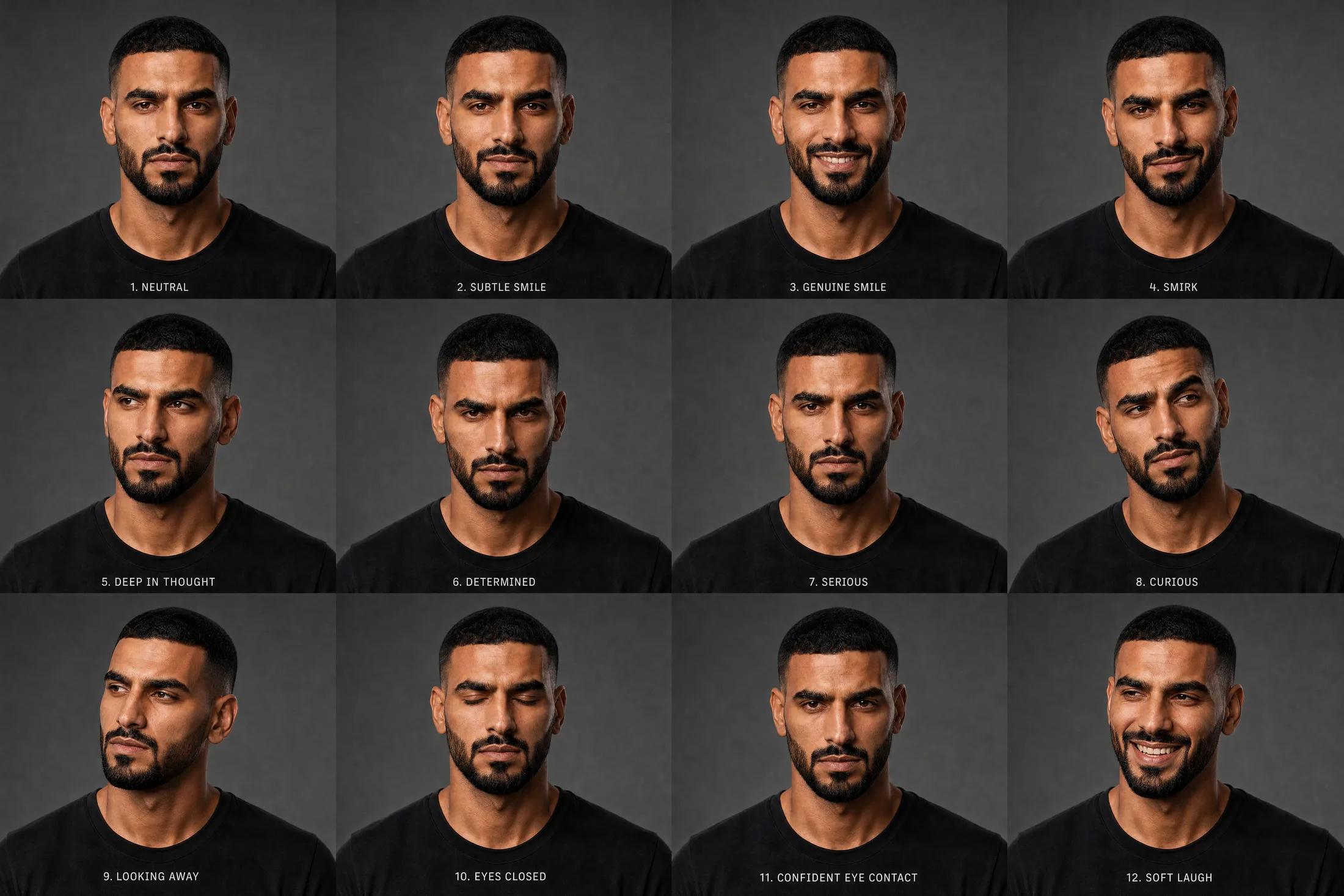 A grid of portraits of the same Saudi athlete rehearsing different expressions — subtle smile, reserved, focused, confident eye contact.