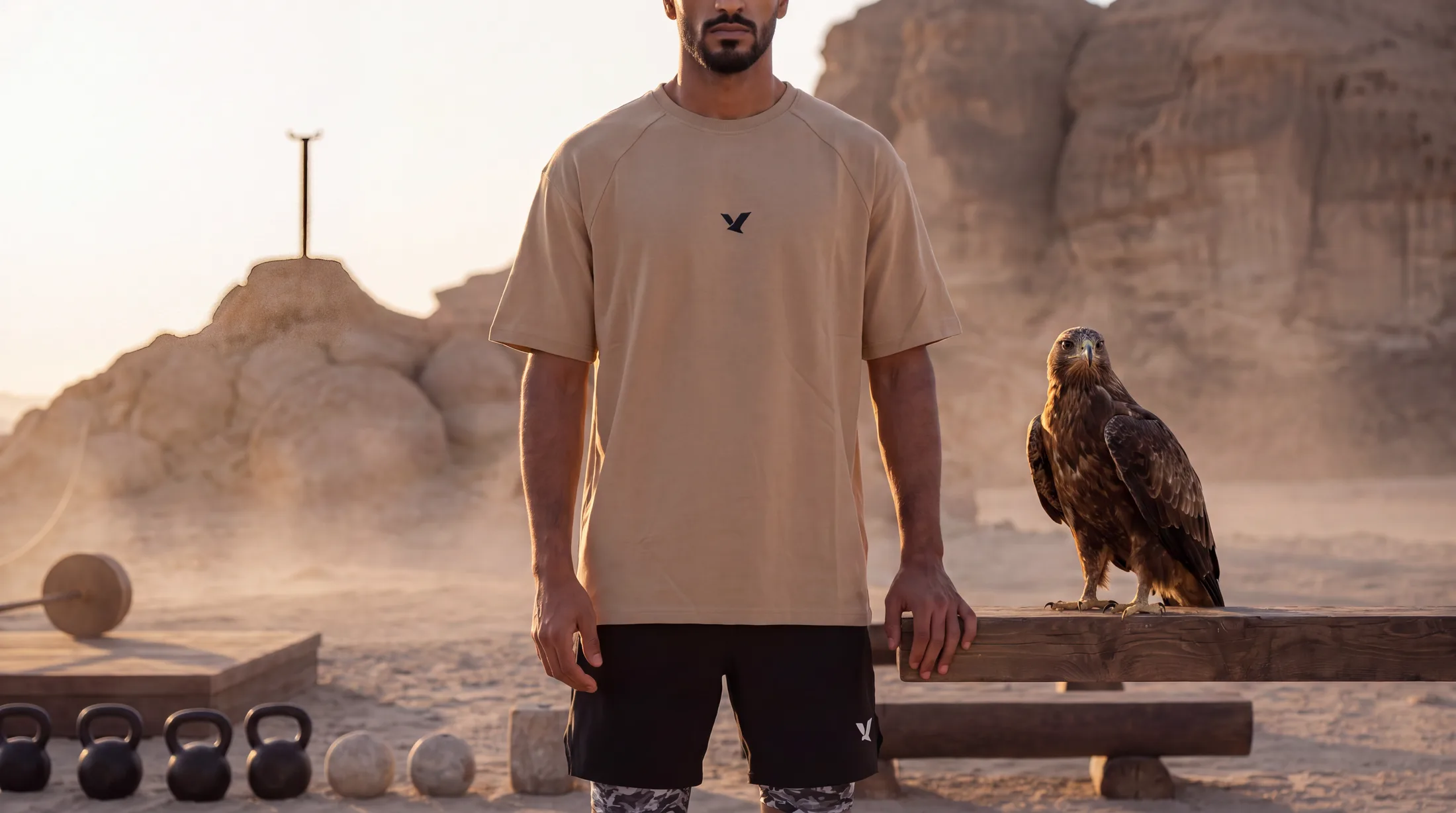 The campaign athlete in a sand-coloured OQAB tee standing at his training ground in early light, a falcon perched on the timber beside him.