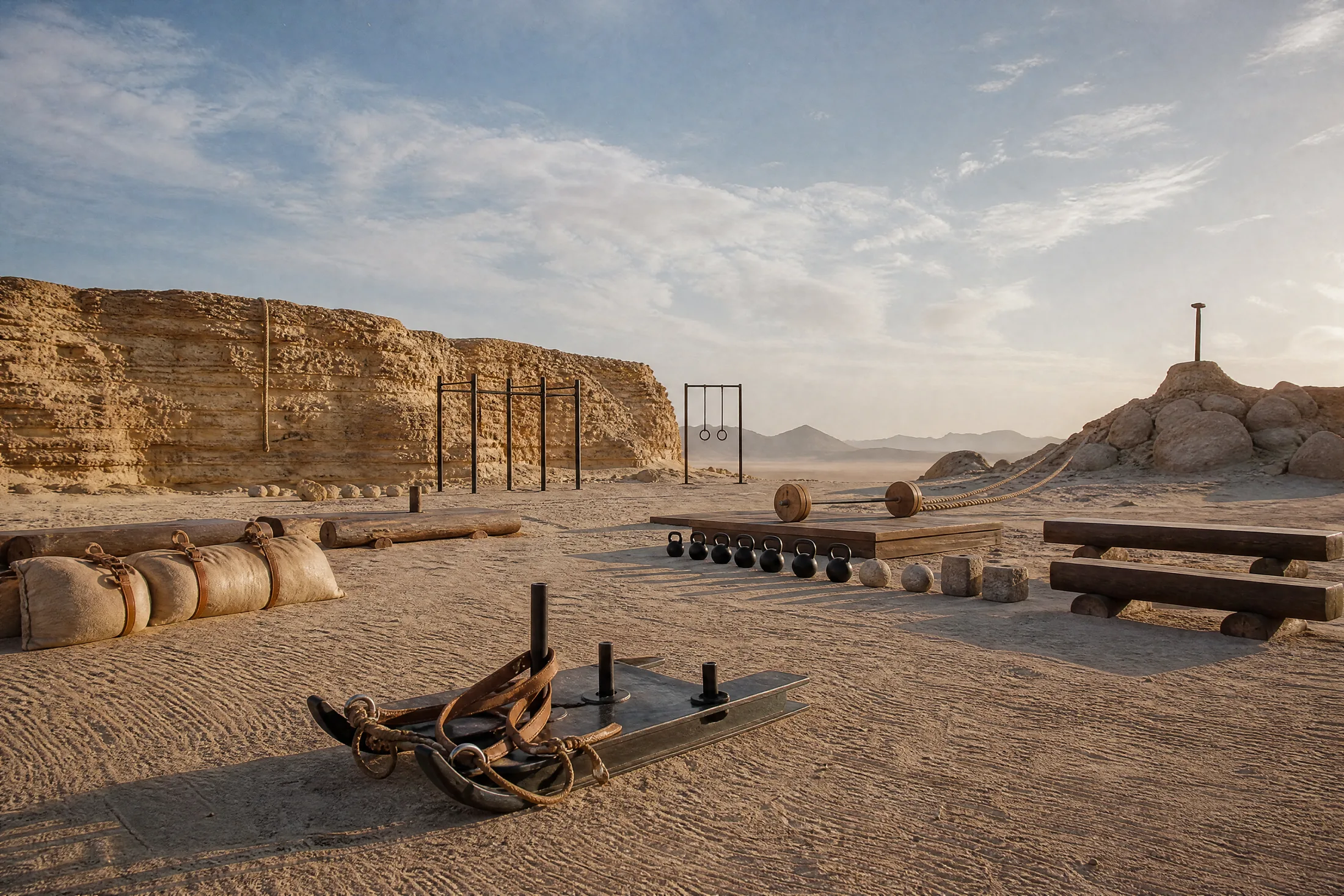 The OQAB campaign world — a training ground built on Saudi desert sand: sled, timber benches, stone weights and a rig before a sandstone cliff.