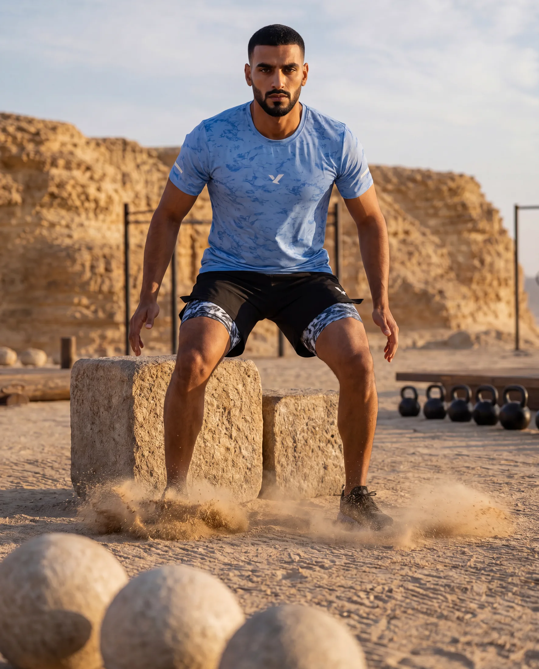 The athlete mid-jump between squared stone blocks on desert sand, dust bursting from his footing.