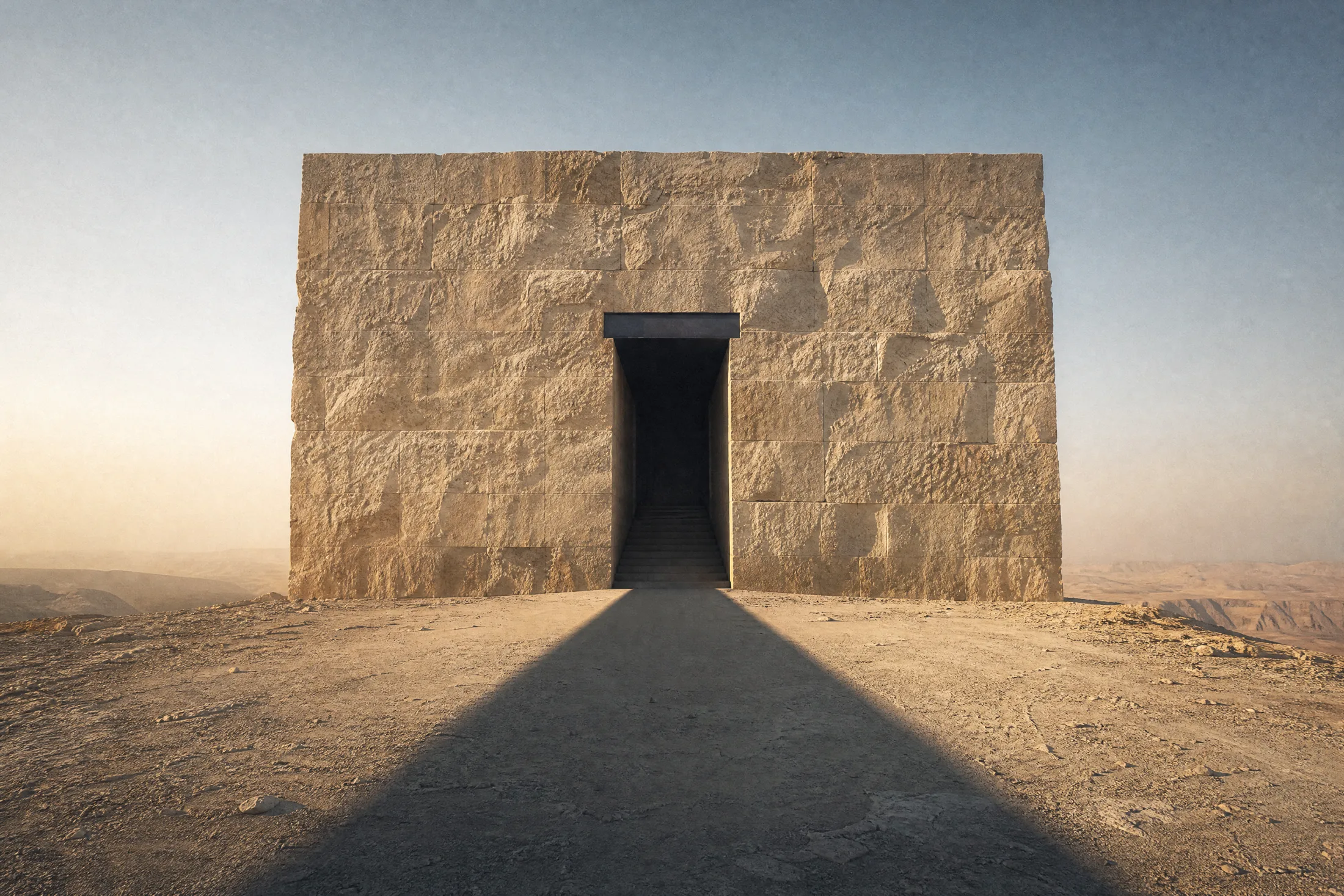 A monumental carved stone gate standing in the desert, its long shadow reaching toward the camera.