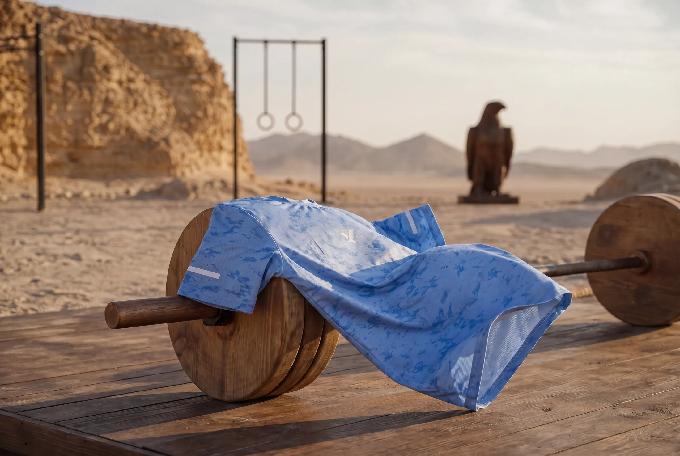 A pale blue OQAB training tee draped over a handcrafted wooden barbell, gymnastic rings and a falcon figure behind.