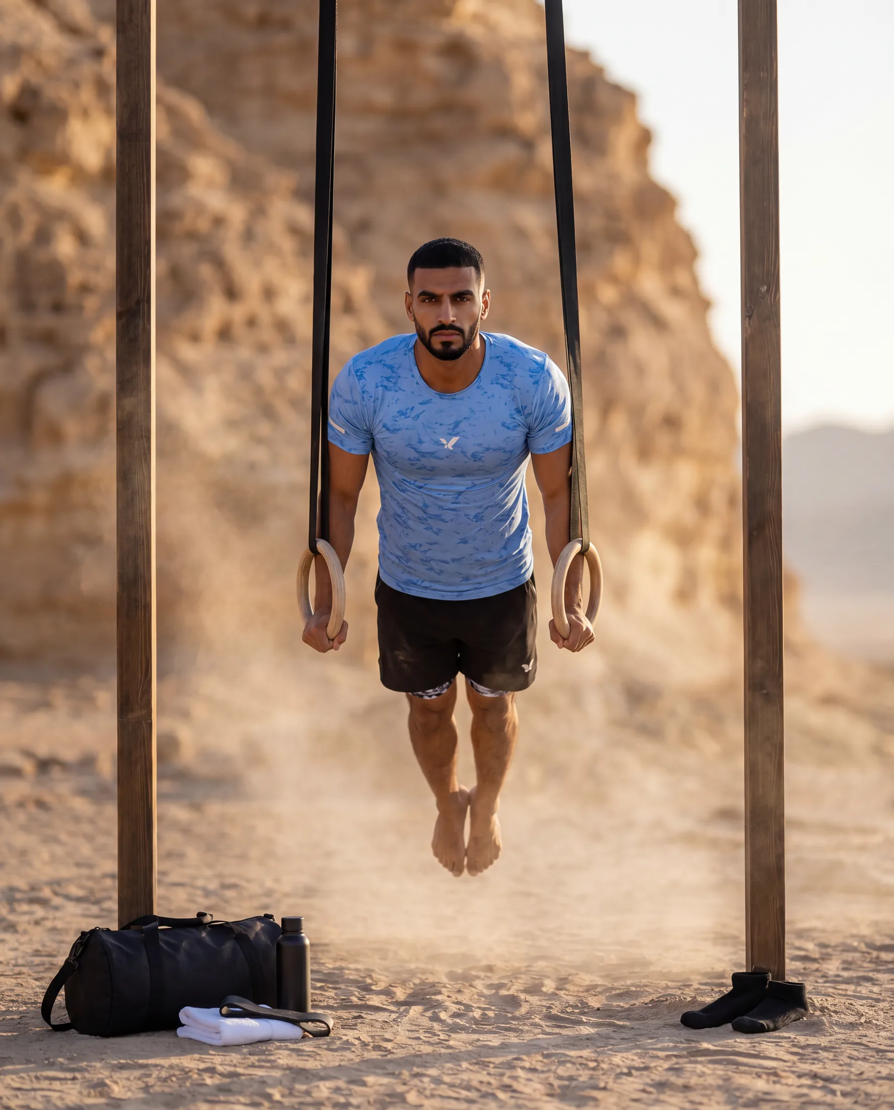 The athlete in the pale blue OQAB tee holding a hold on wooden gymnastic rings at the desert rig, dust in the air.