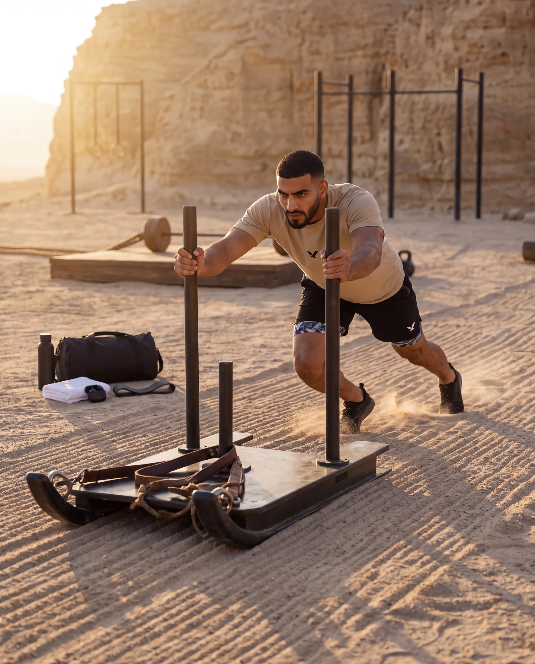 The athlete driving a matte black steel sled with tan leather harness down a raked sand lane, dust rising behind.
