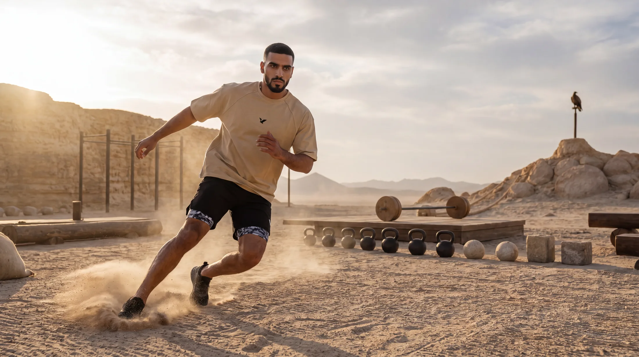The athlete sprinting through the training ground past kettlebells and stone weights, dust rising, in the sand-coloured tee.