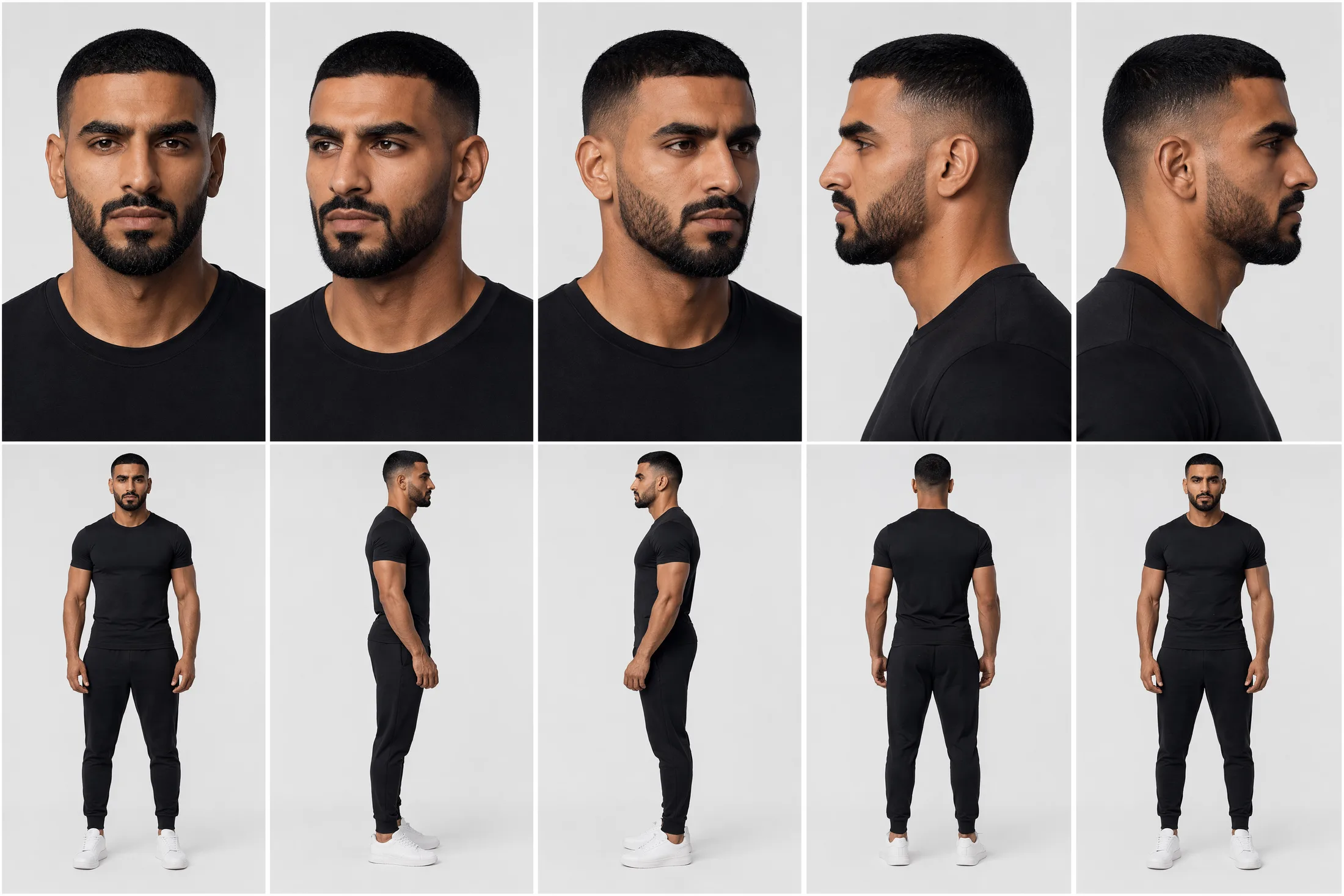 Character turnaround sheet: the same athlete photographed front, three-quarter and profile, head and full body, in black training wear.