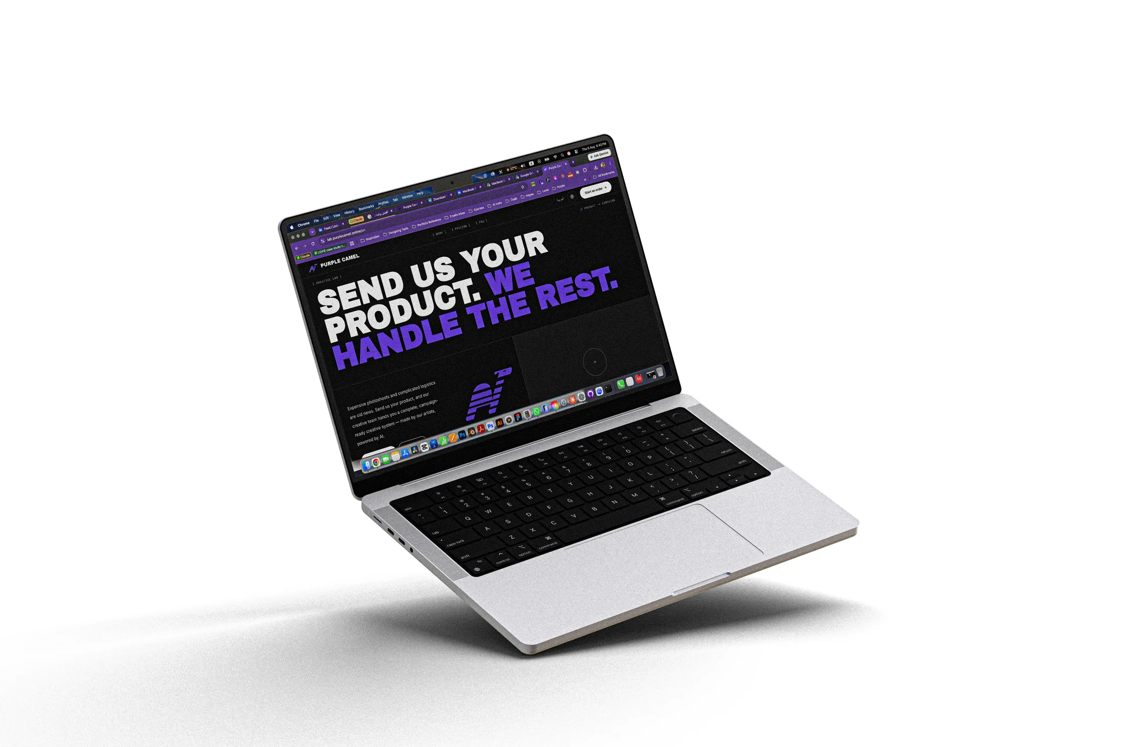 A MacBook Pro floating on a white ground, its screen showing the Purple Camel Creative Lab site: “Send us your product. We handle the rest.” in white and violet on near-black.