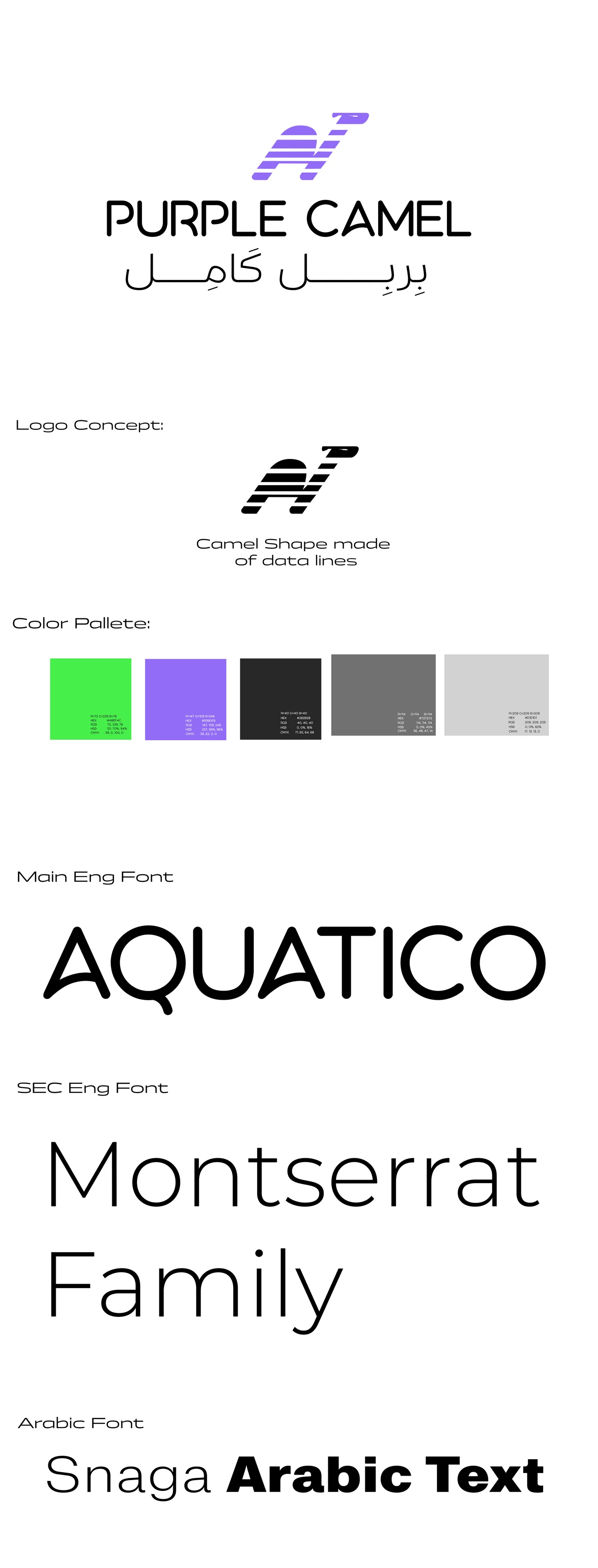 The first Purple Camel identity sheet: bilingual lockup, the note “Camel Shape made of data lines”, a five-swatch palette, and the first type choices.